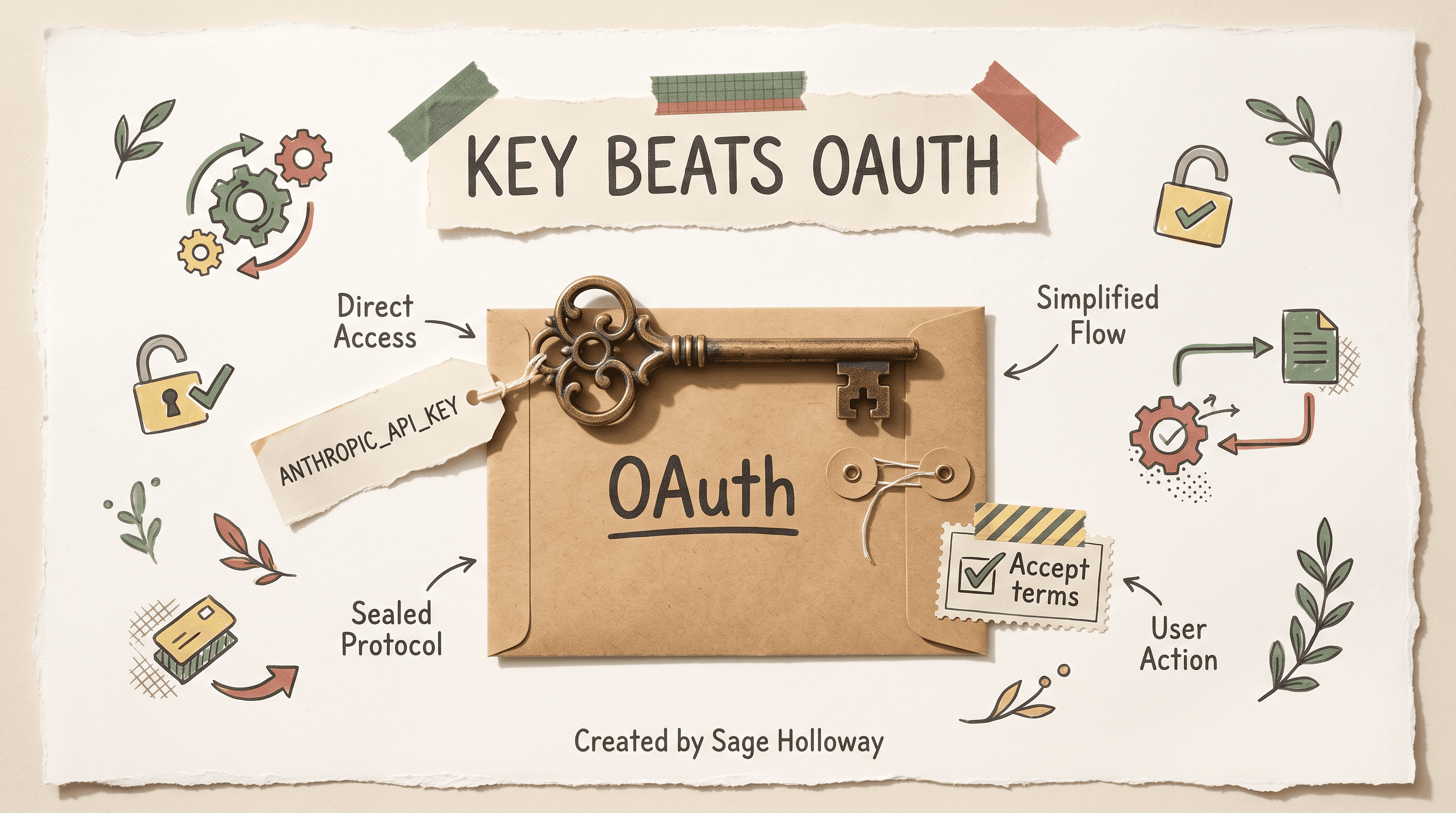 Scrapbook diagram of Claude Code credential precedence: ANTHROPIC_API_KEY above OAuth, plus accept terms on the web