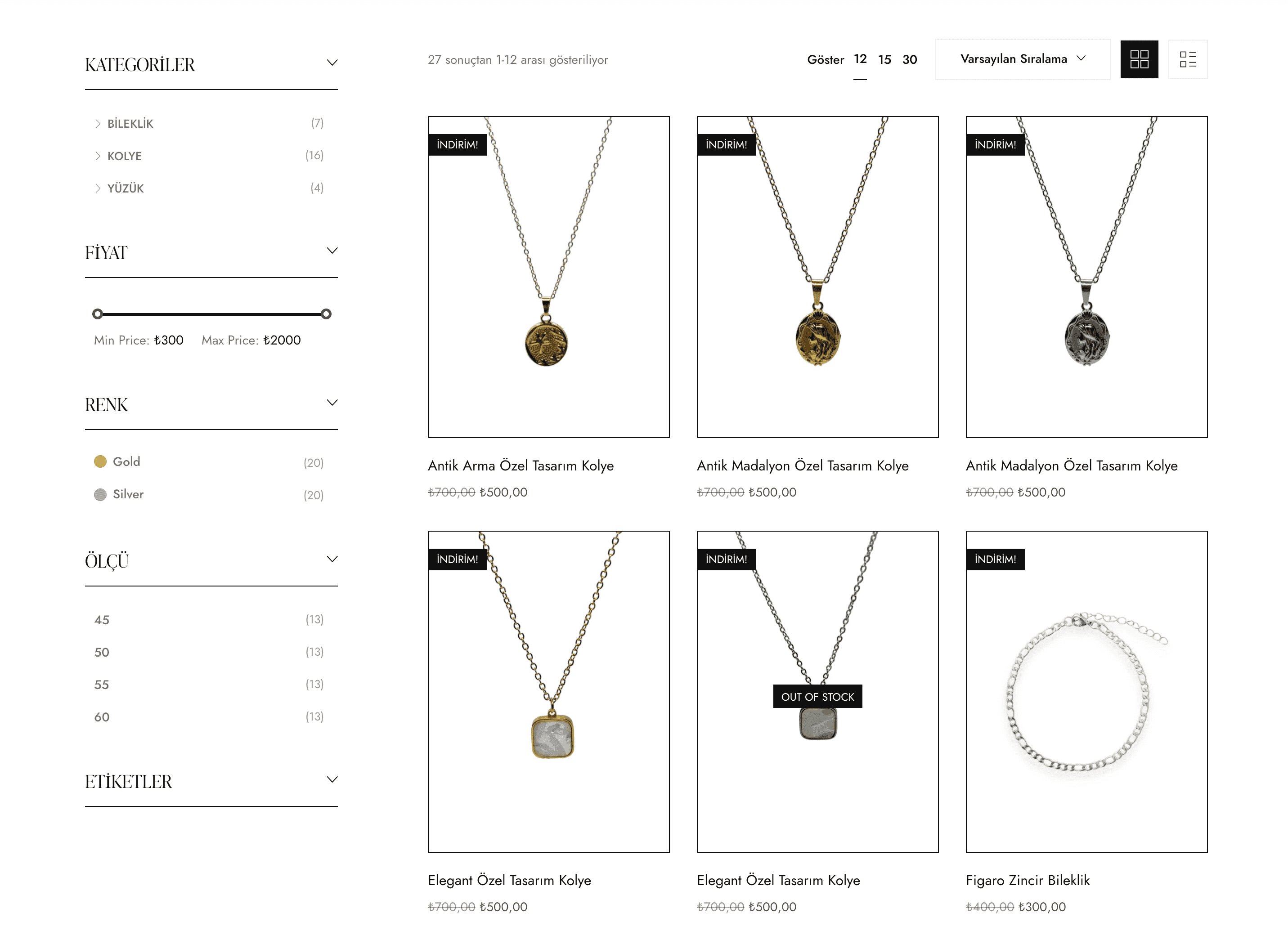 Luew e-ticaret platformu ürün listeleme ekranı — kolye, bileklik ve yüzük kategorilerinde sade ve zarif tasarımlı mücevherlerin çevrim içi alışveriş arayüzü.