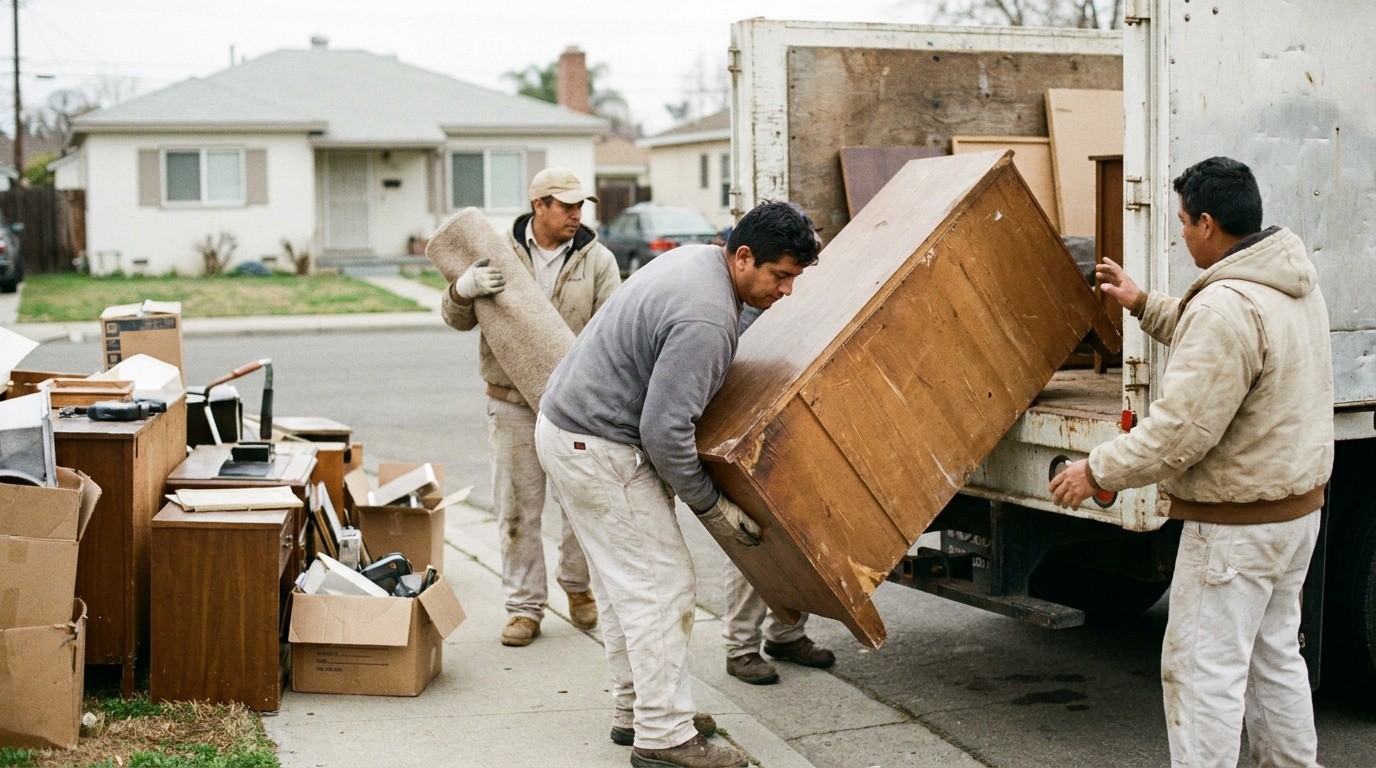 A junk-removal crew loading a truck at the curb, evoking AI phone answering for junk removal companies