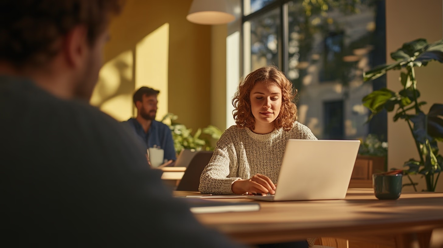 Image of two people working on laptops in a bright, modern workspace.