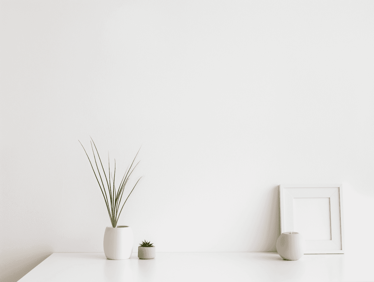 Minimal vase on green background with a small plant sprig.