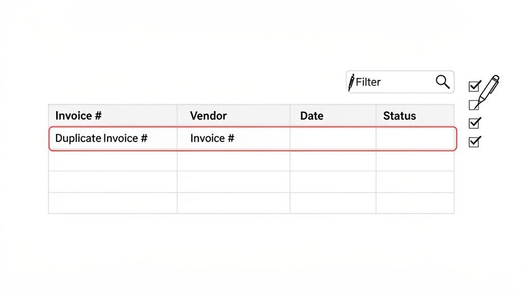A digital interface displaying an invoice table with a highlighted row indicating a duplicate invoice.