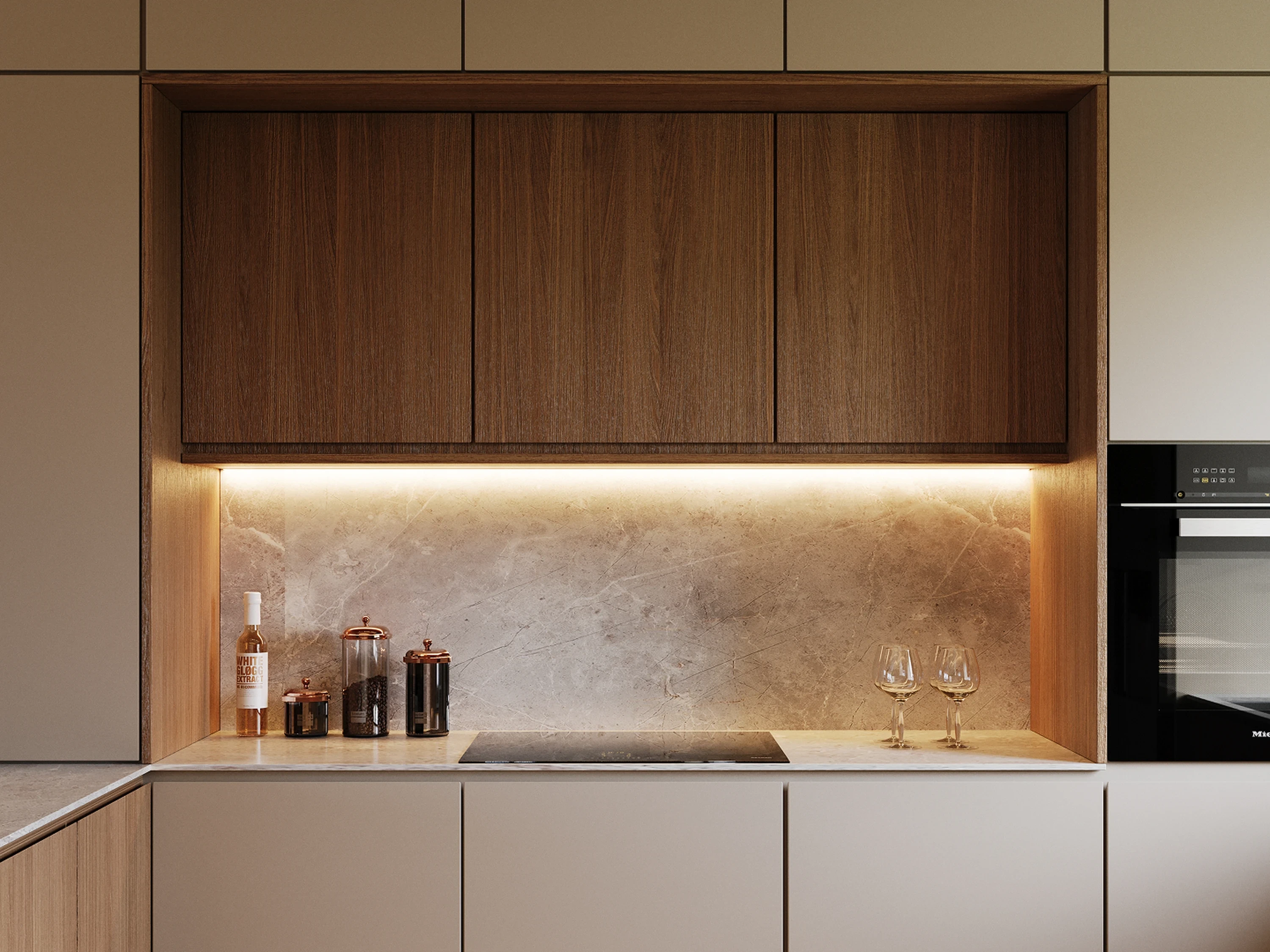 Cuisine — évier sous-plan et robinet noir mat.