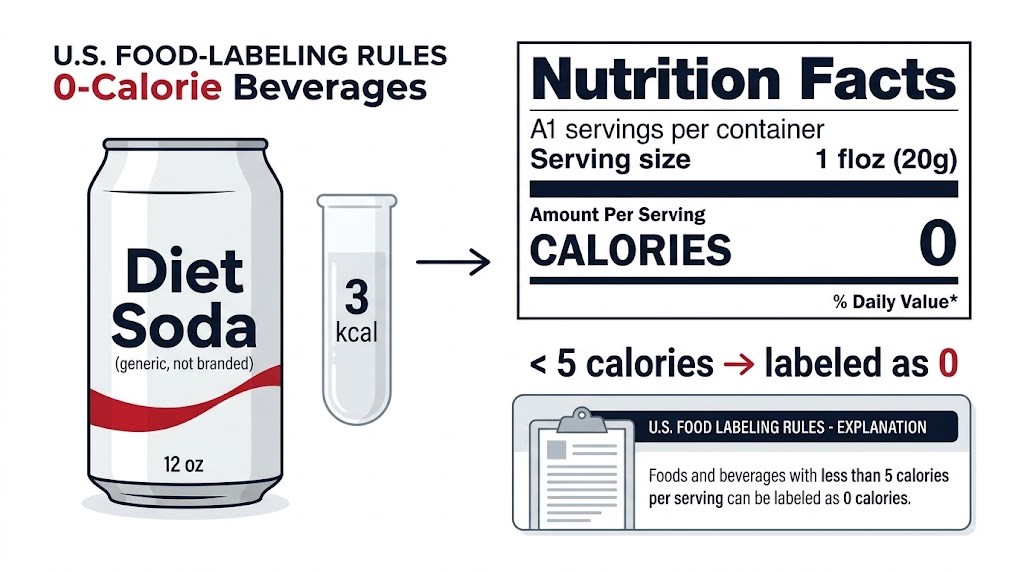 An educational infographic with a modern, clean design explaining US Food-Labeling Rules for 0-calorie beverages. It features an illustration of a standard 12 oz "Diet Soda" can (labeled generic, not branded) and a small laboratory test tube labeled "3 kcal." An arrow points from these items to a large, clear "Nutrition Facts" panel on the right side. The Nutrition Facts label prominently highlights "0 CALORIES" per serving. Below the label, a key visualization box summarizes: "< 5 calories → labeled as 0." A subtle regulatory-style document aesthetic (without an official FDA logo) provides context for the guideline. The composition uses white, dark navy, and red accents on a crisp white background with a scientifically accurate visual hierarchy.