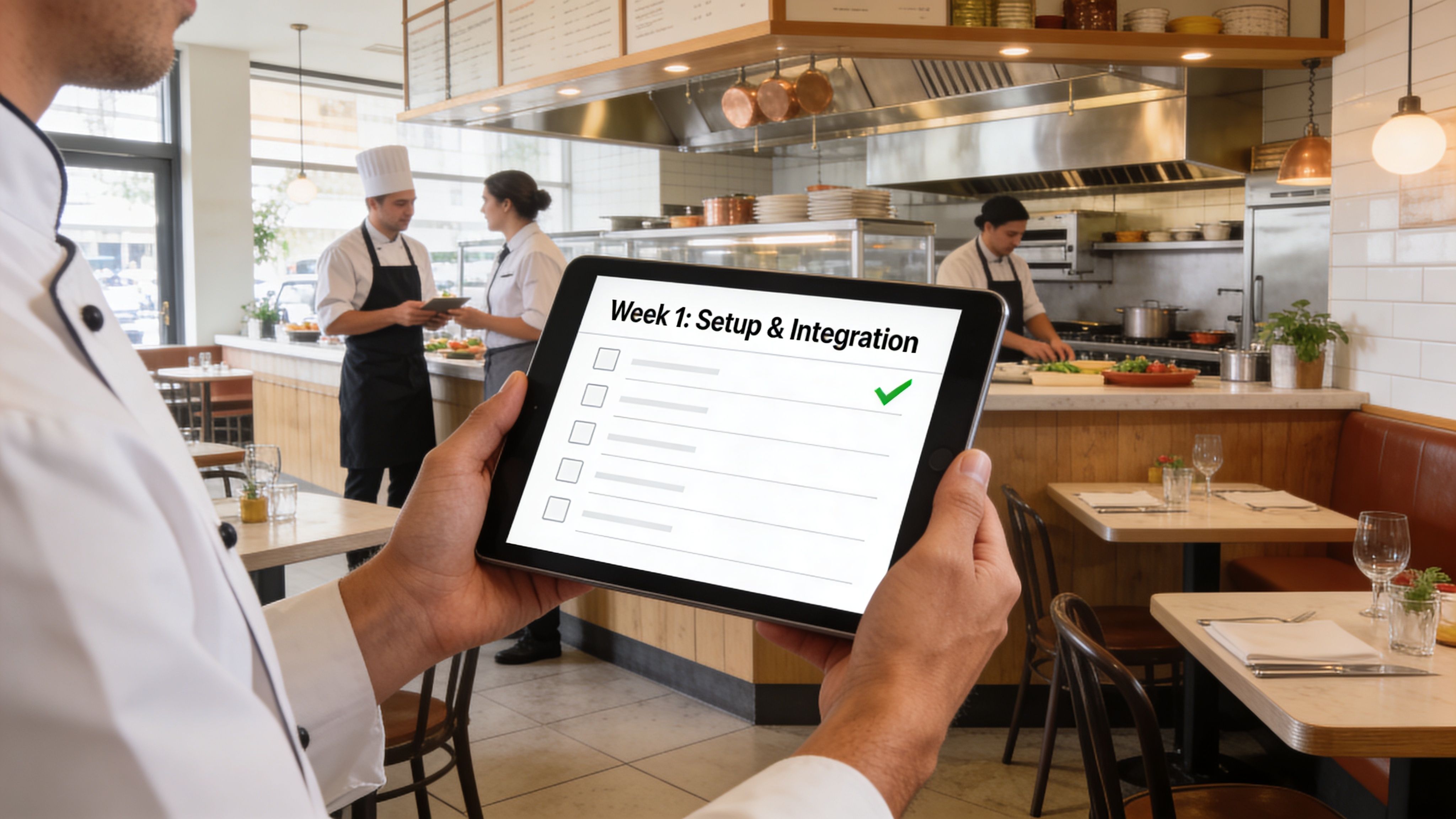 A chef holds a tablet displaying a setup and integration checklist in a busy restaurant kitchen.
