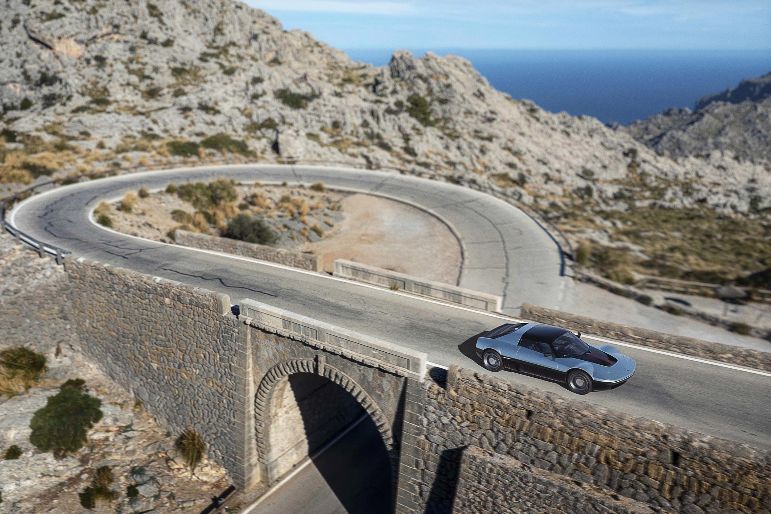 Photorealistic render of Bertone Runabout on a mountain pass