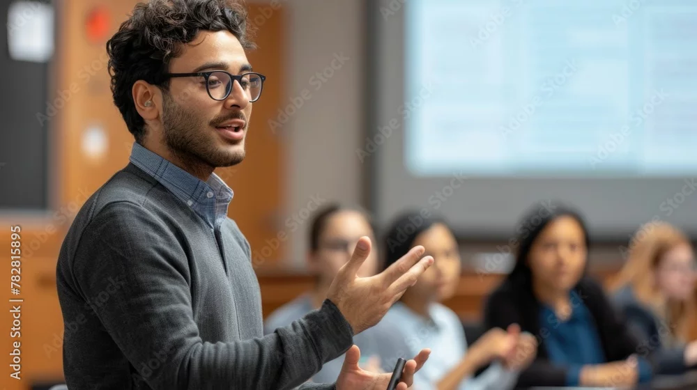 Trainer presenting to professionals during a management systems training session, with participants listening in a classroom setting.