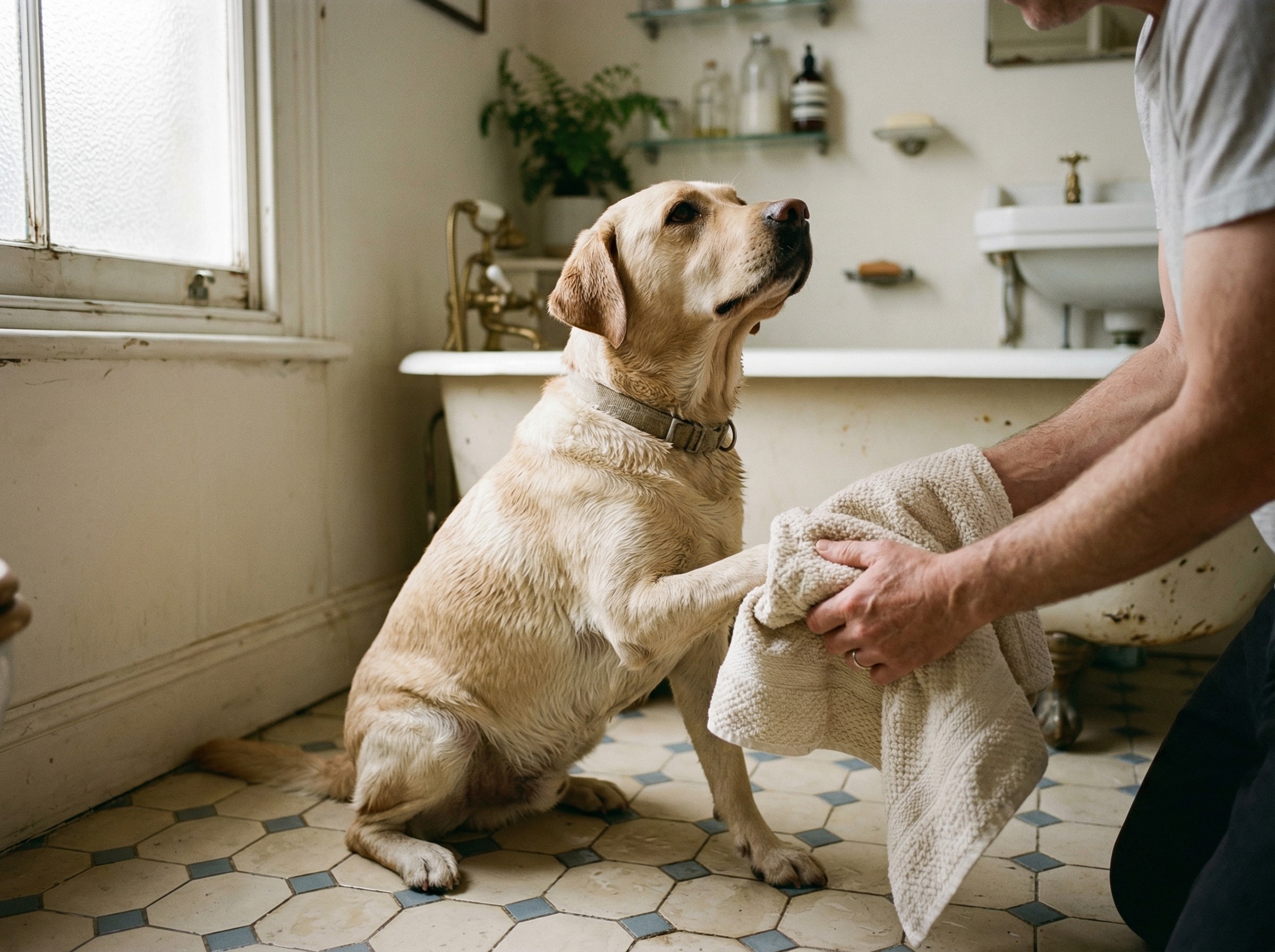 A person gently drying a Yellow Labrador's paw with a soft towel in a vintage bathroom for a clean and fresh daily routine