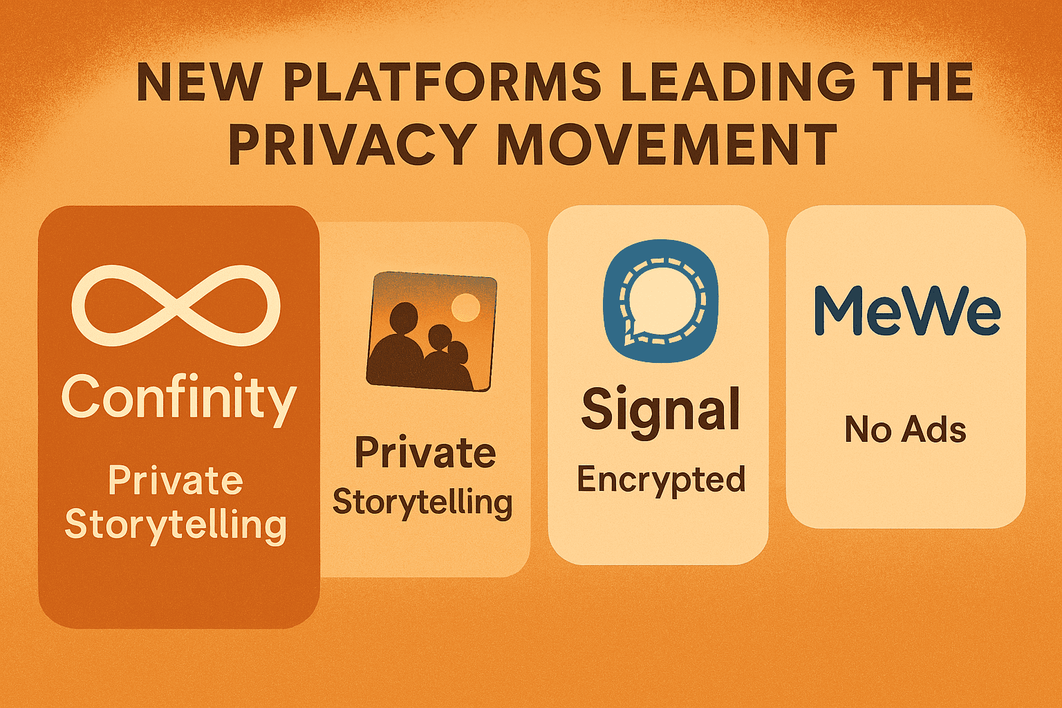 Digital illustration showcasing emerging privacy-first social media platforms in 2025 including Confinity, Mastodon, Signal, and MeWe in a warm, memory-focused aesthetic.