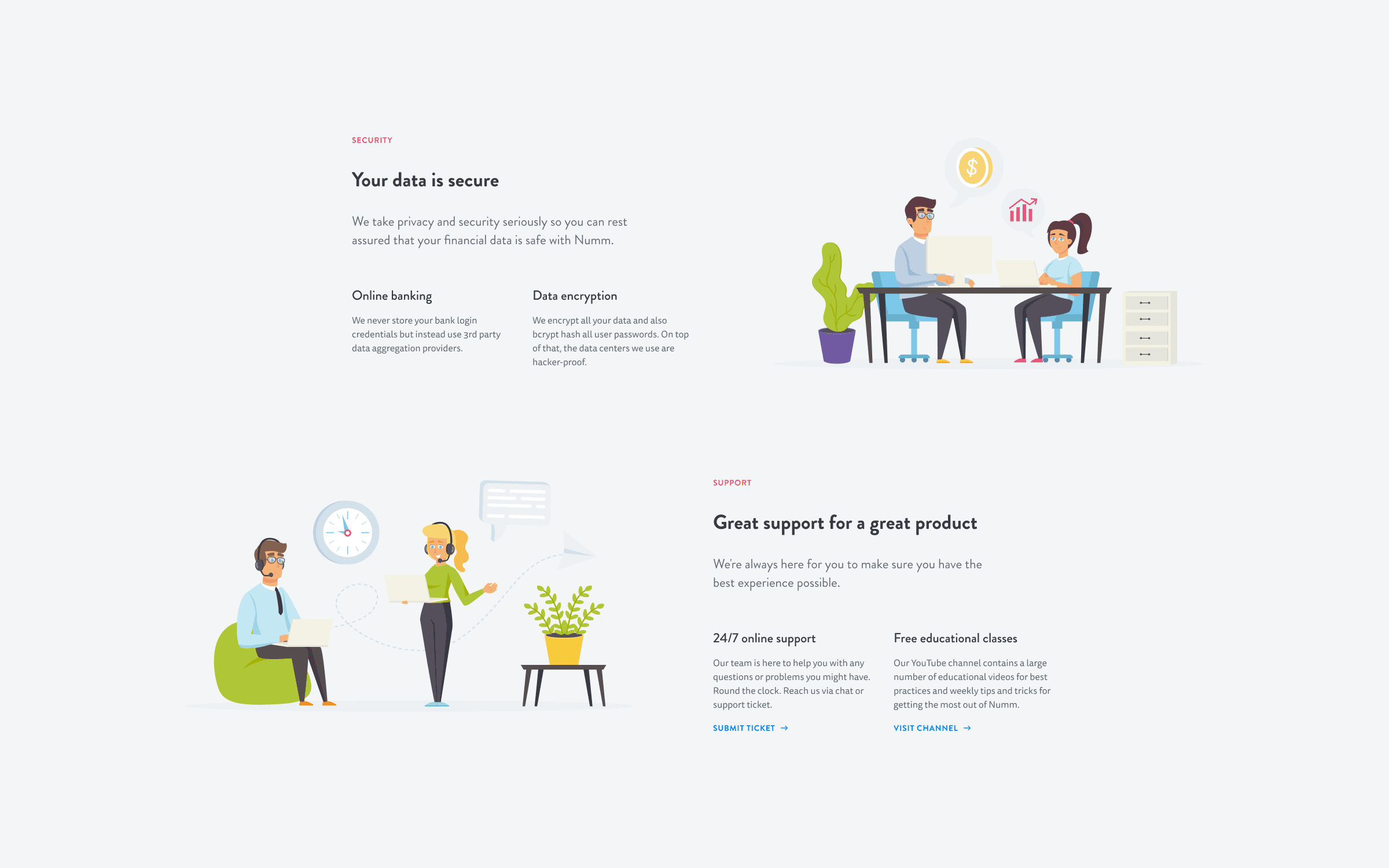 Security and support section of the Numm website featuring friendly illustrations and short feature descriptions.