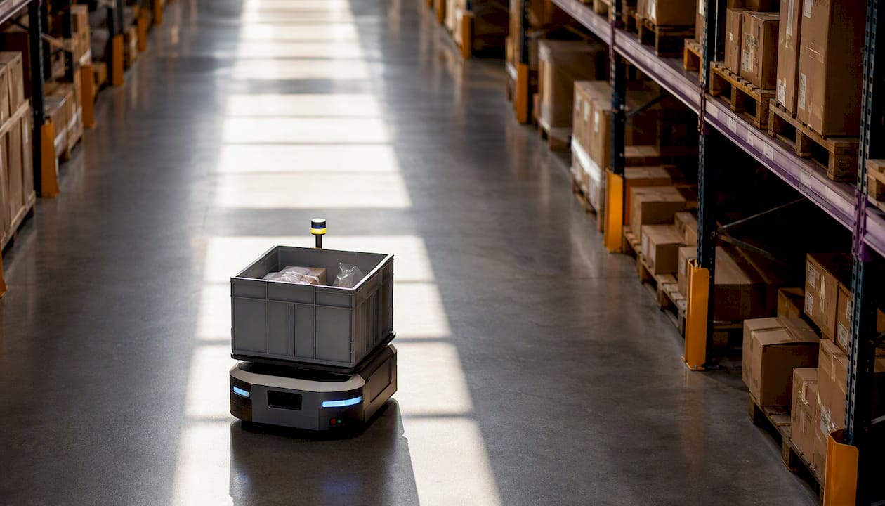Autonomous warehouse robot carrying bin
