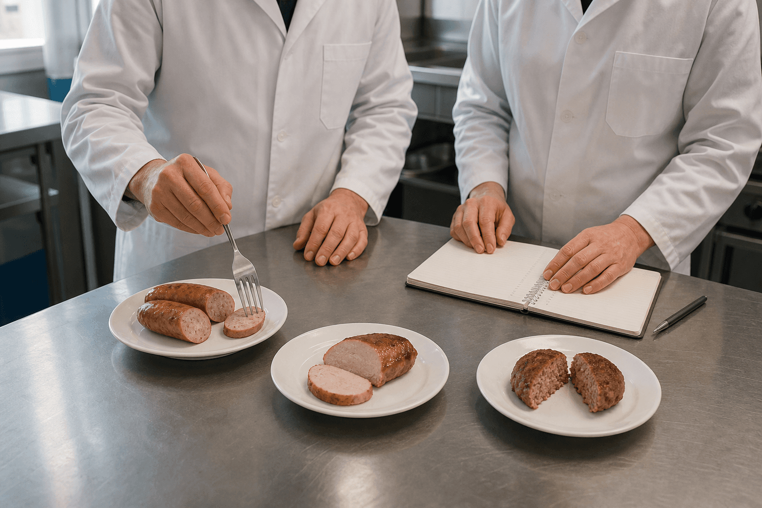 Fachliche Begutachtung verschiedener zubereiteter Fleischproben auf einem Arbeitstisch