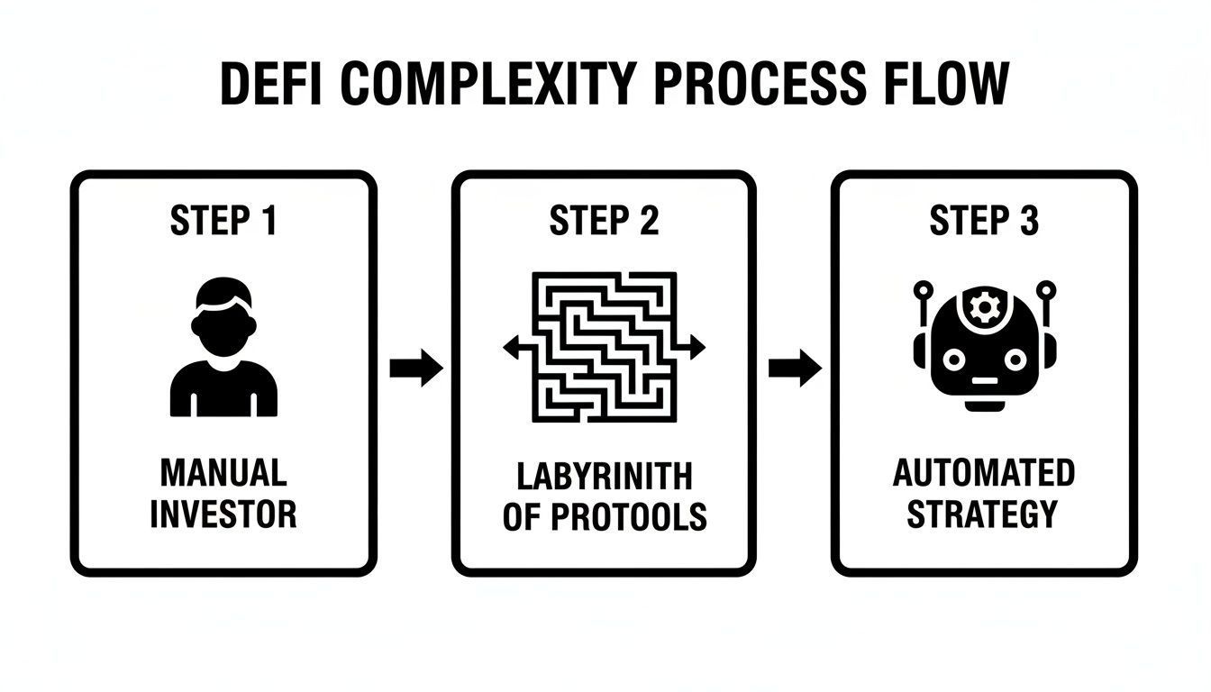 Flowchart illustrating the DeFi complexity process from a manual investor to an automated strategy.