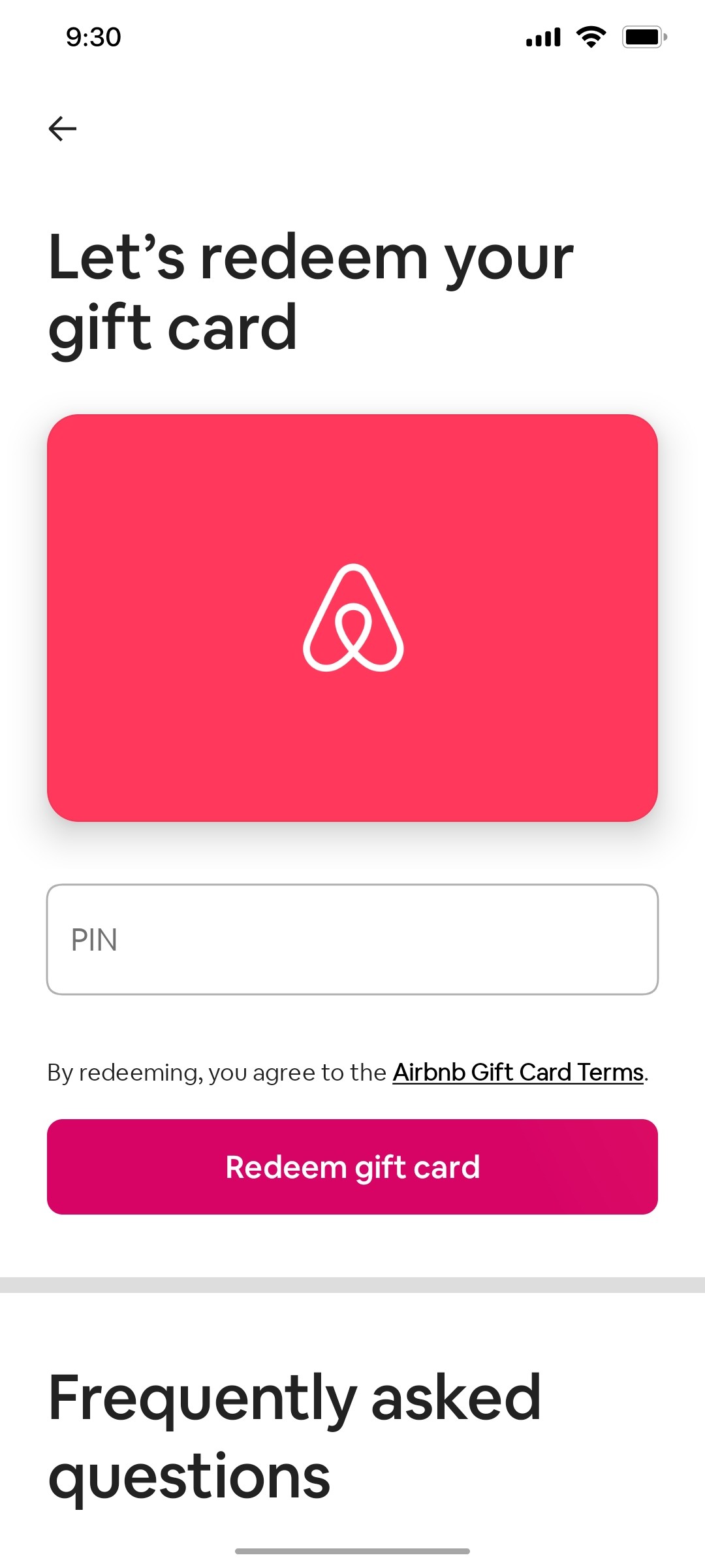Airbnb Redeem gift card screen