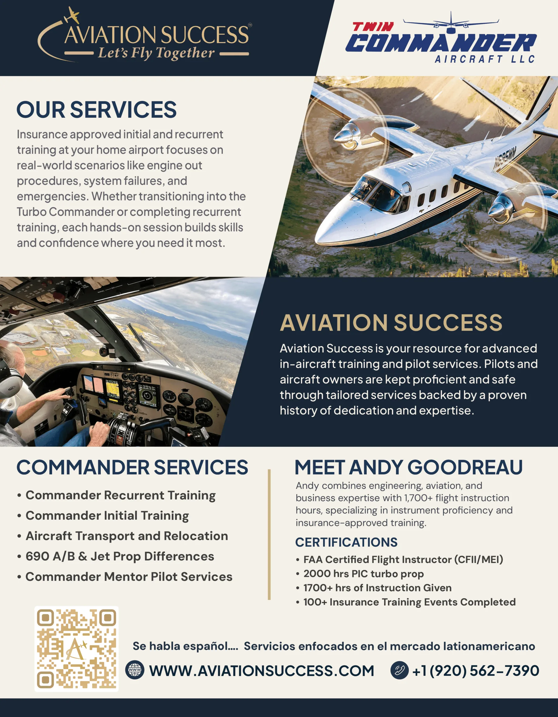Aviation Success Twin Commander services flyer with a turboprop in flight and an in-cockpit instruction photo.