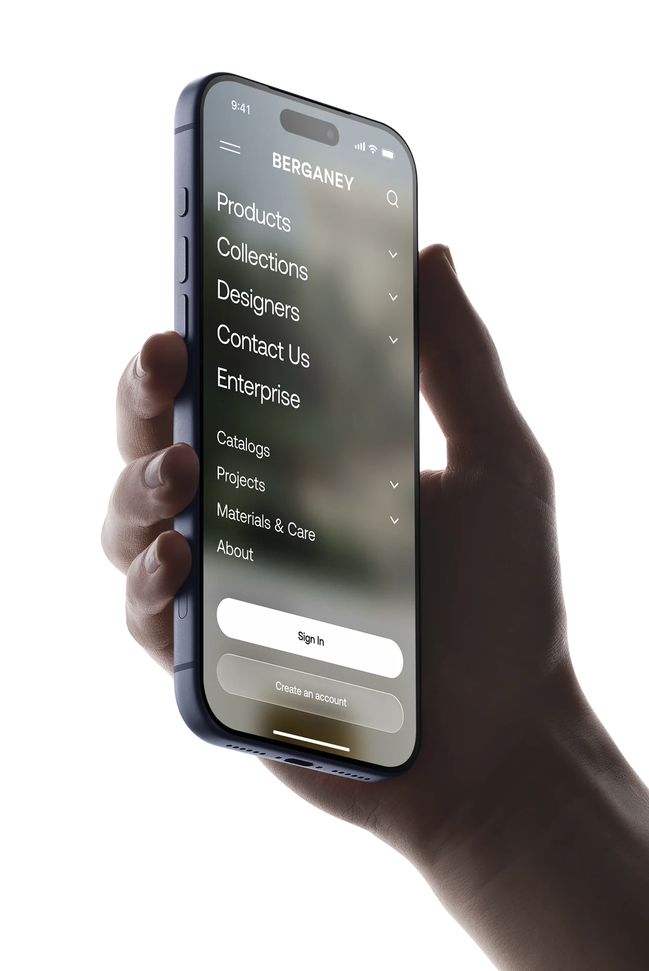 iPhone 17 Pro in hand mockup featuring a glassmorphism UI design and realistic background blur effects.