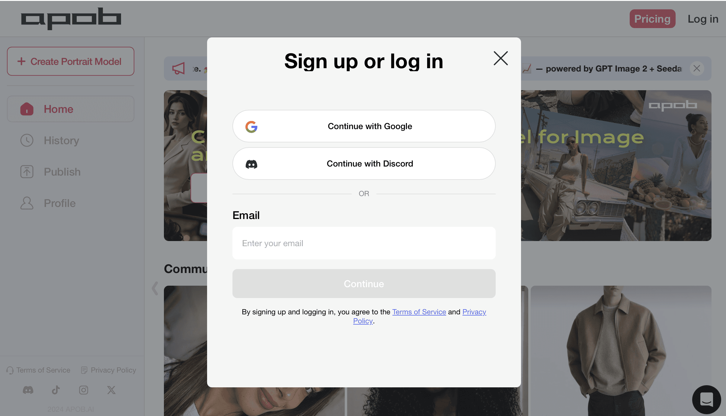 Processus d'inscription et de connexion APOB AI pour créer une publicité IA.