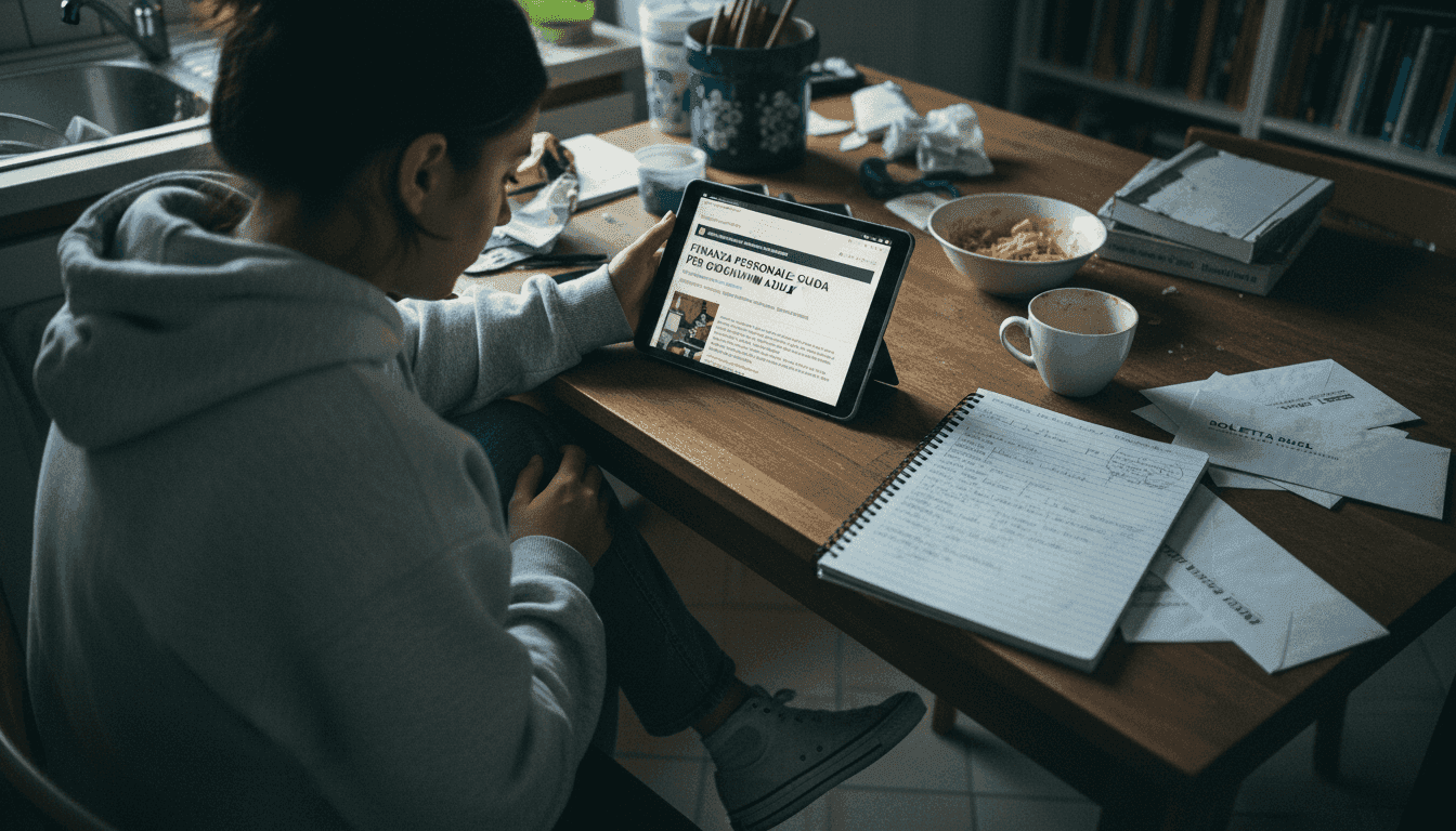 Una giovane donna si informa su come investire, leggendo comodamente a casa.