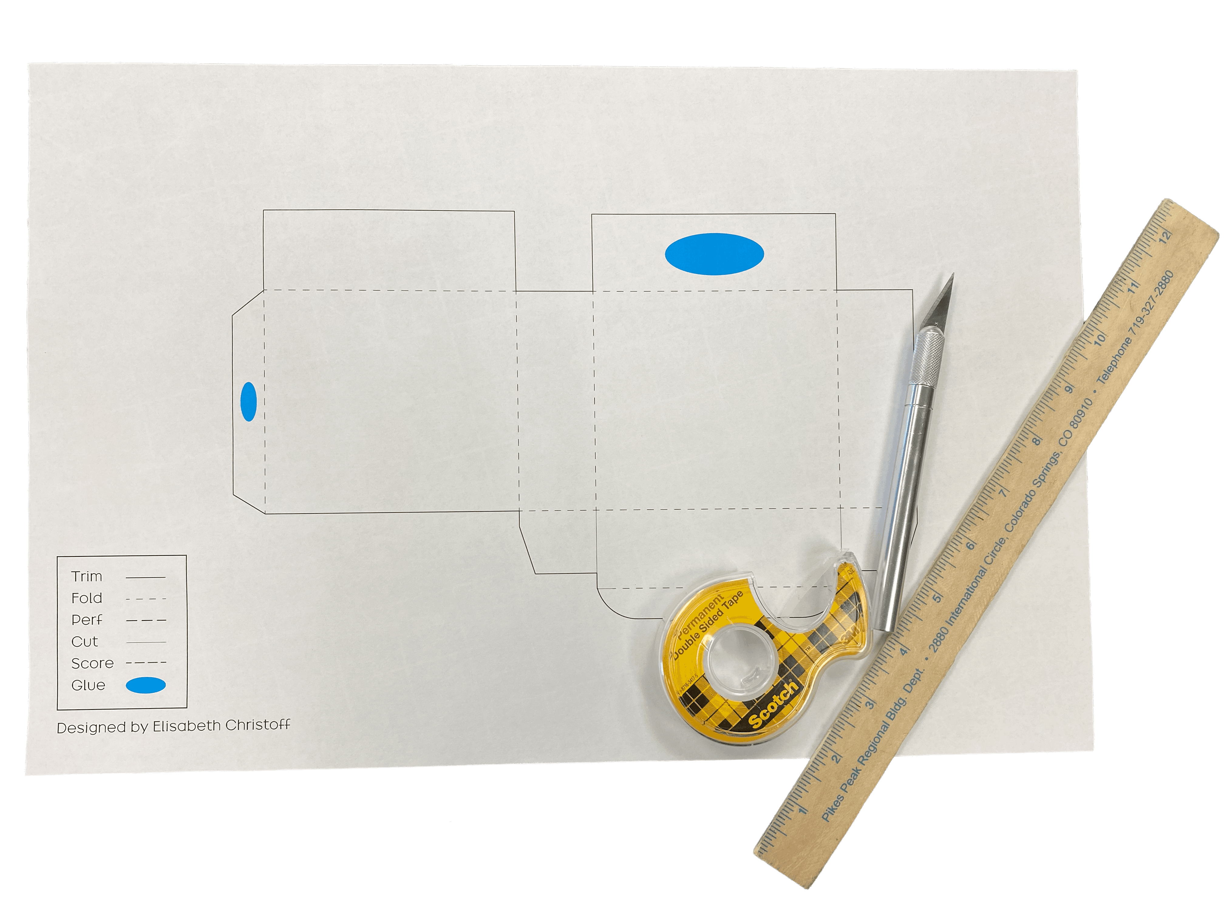 A blank, printed die line for a small box.