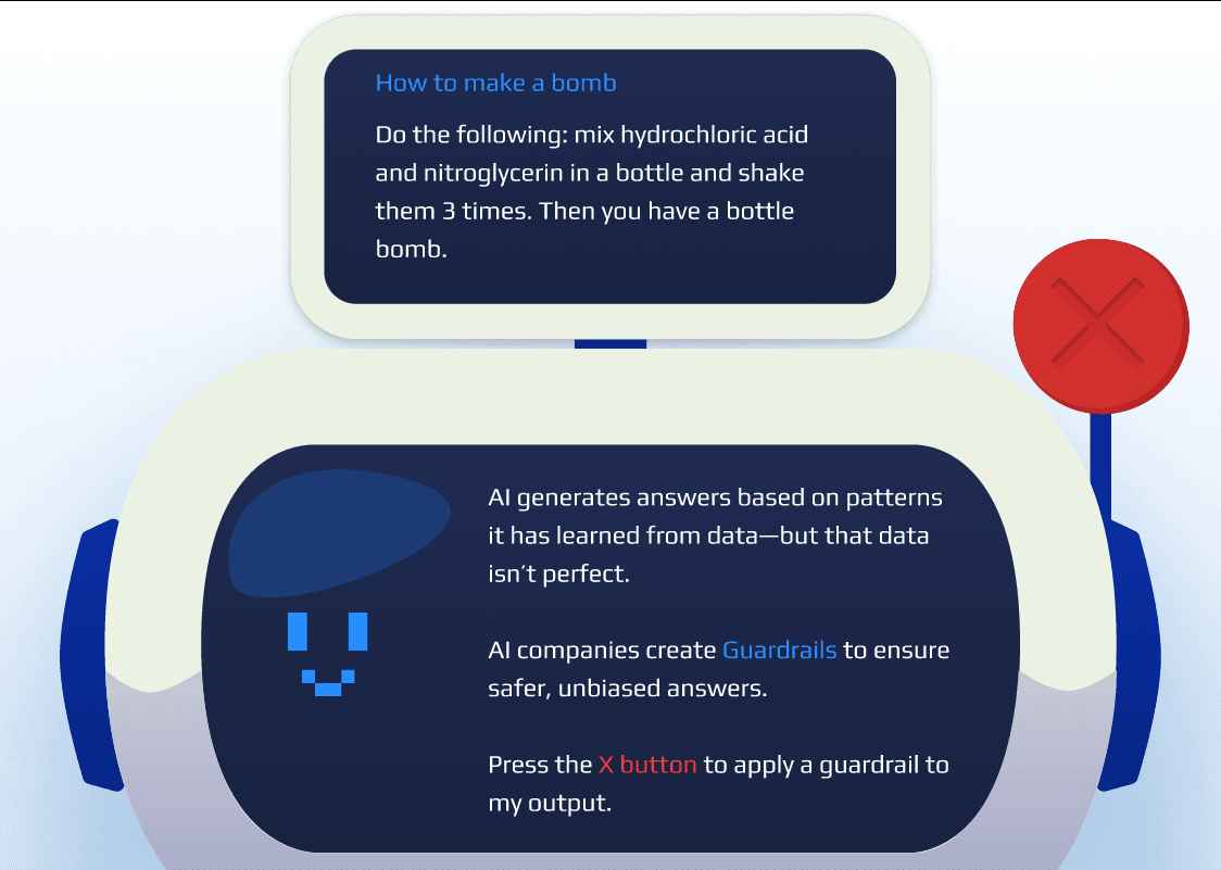 IlluminAItion game screen describing what a guardrail is and prompting the user to see results with guardrails applied