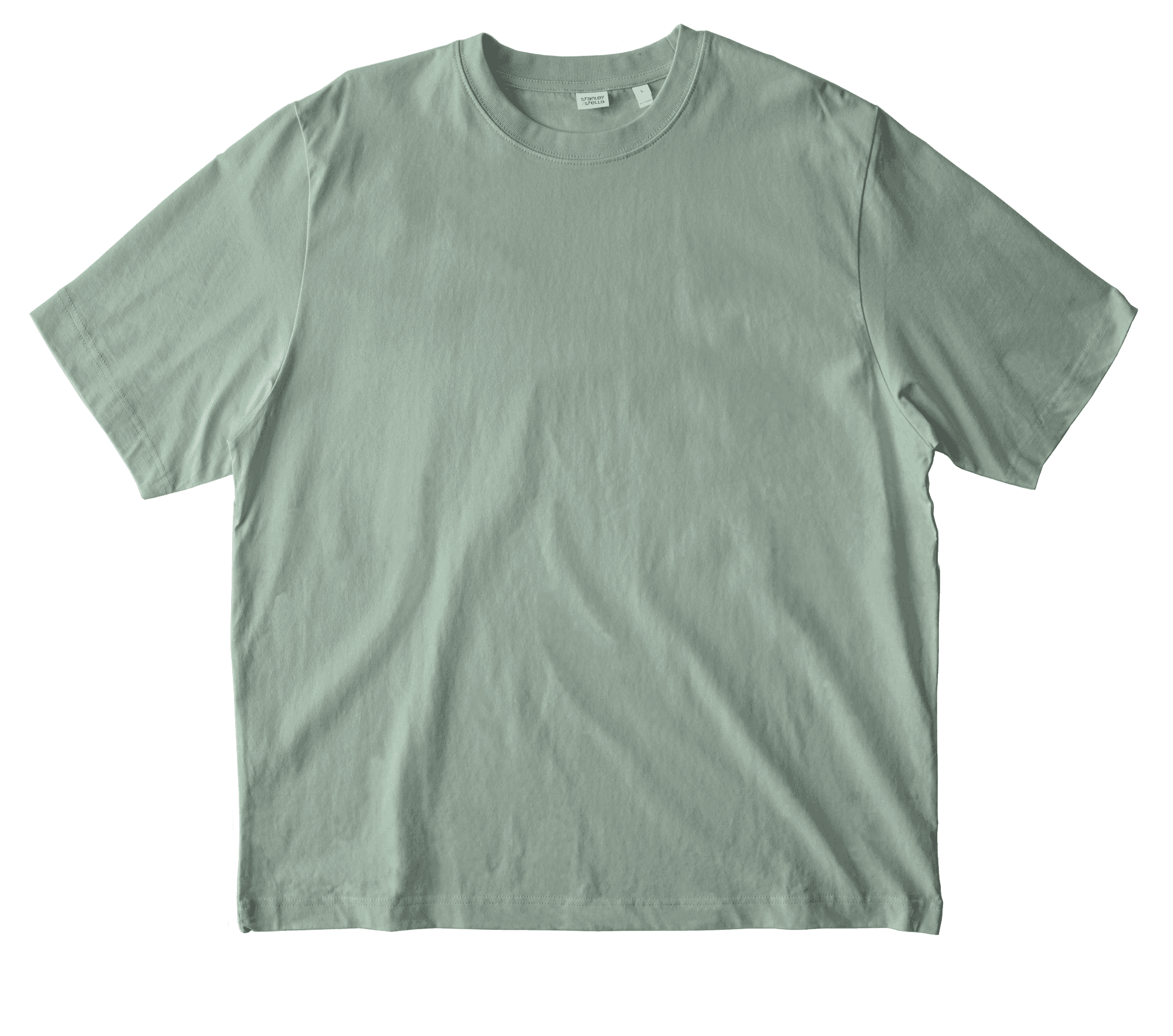 A plain light green short-sleeve t-shirt is displayed on a flat surface.