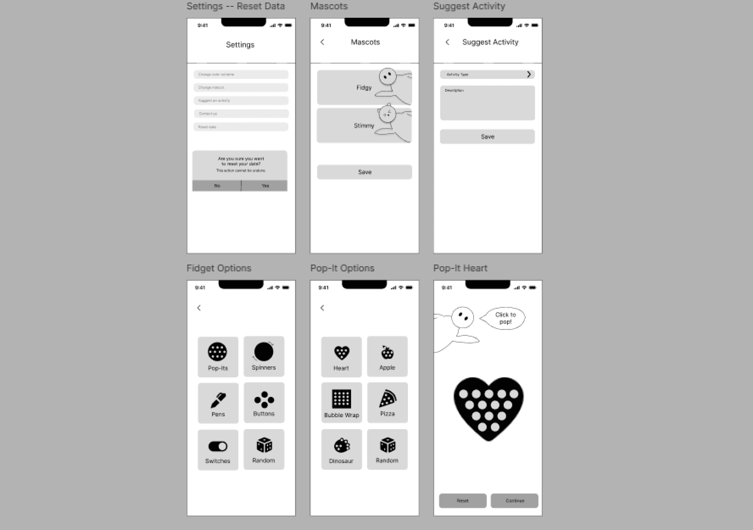Wireframes of Fidgy app, with refined settings pages and initial version of the pop-it activity