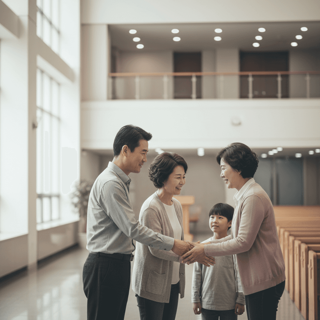 예배 후 성도들이 서로 반갑게 인사하며 소통하는 모습 - 기술을 통해 더 건강해지는 교회 공동체