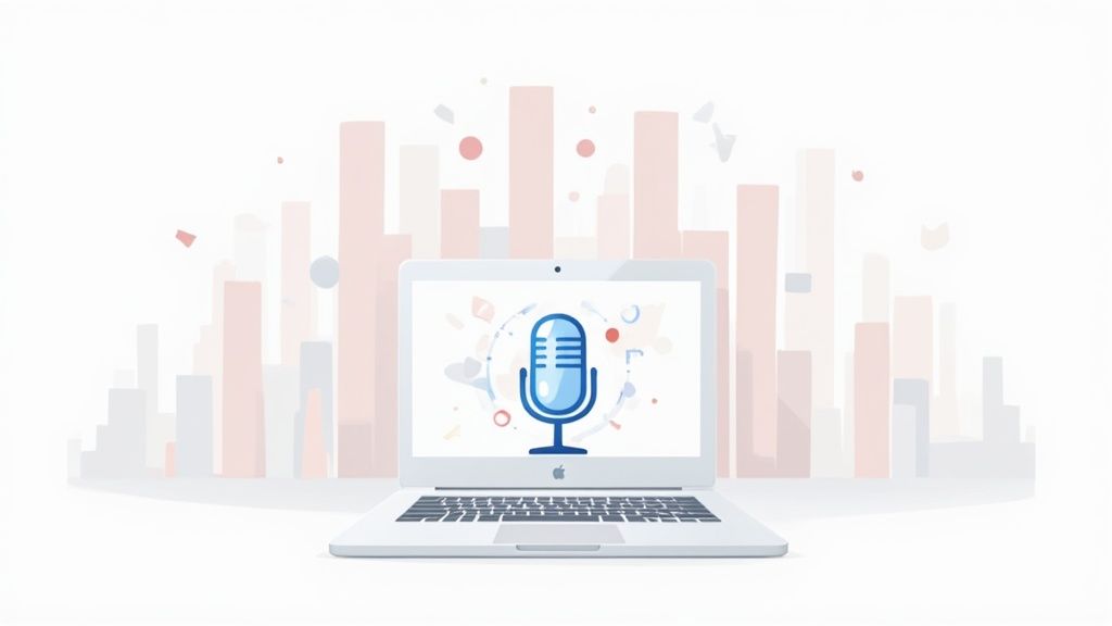 A person speaking into a microphone while working on a Mac, illustrating the use of dictation software.