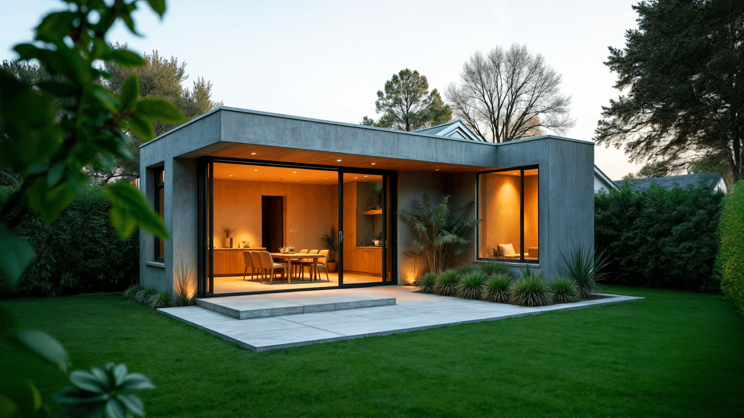 Modern house with large glass windows, surrounded by greenery, and softly illuminated at dusk.