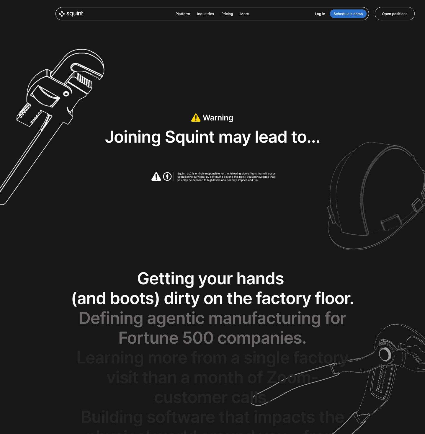 Squint website homepage with a warning about getting hands dirty and defining agentic manufacturing for Fortune 500 companies.