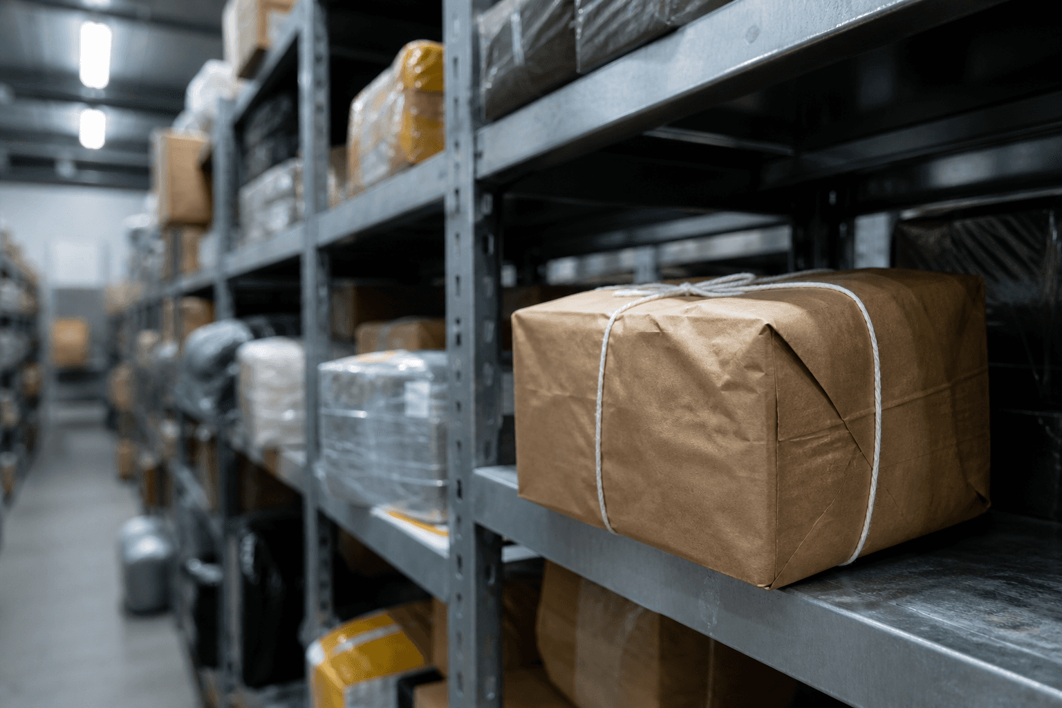 Parcels waiting on shelving inside a bonded customs holding area