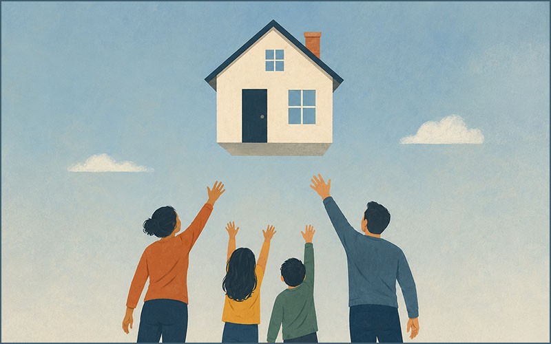 An illustration of a family reaching up towards a house floating above their reach.