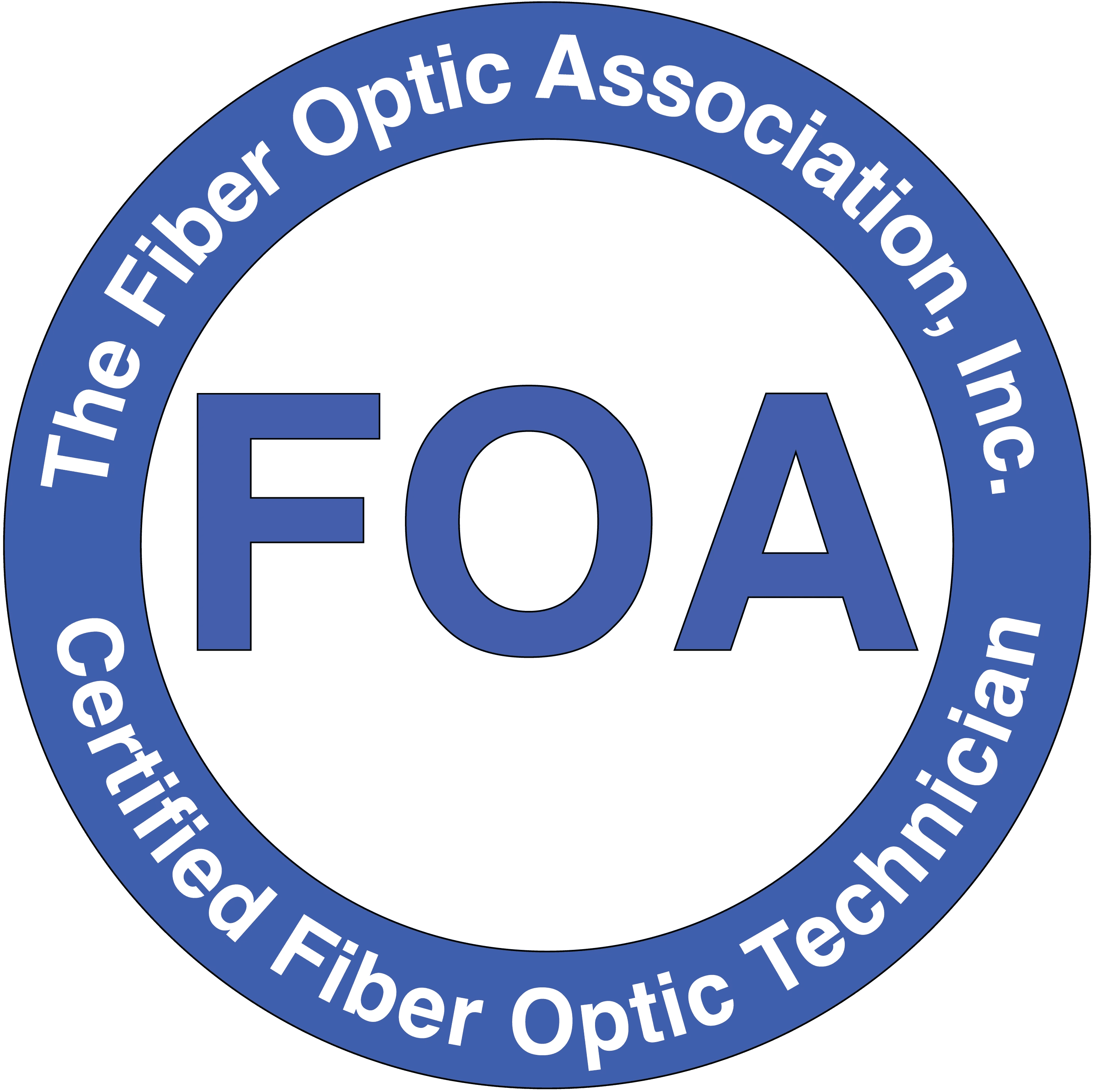 Logo officiel de la FOA, The Fiber Optic Association, certifiant les techniciens en fibre optique.