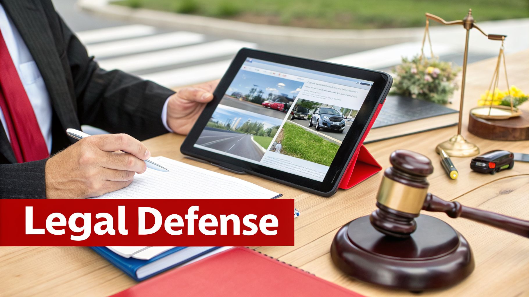A person reviewing car images on a tablet, with a pen, gavel, and scales of justice on a desk, and a 'Legal Defense' banner.