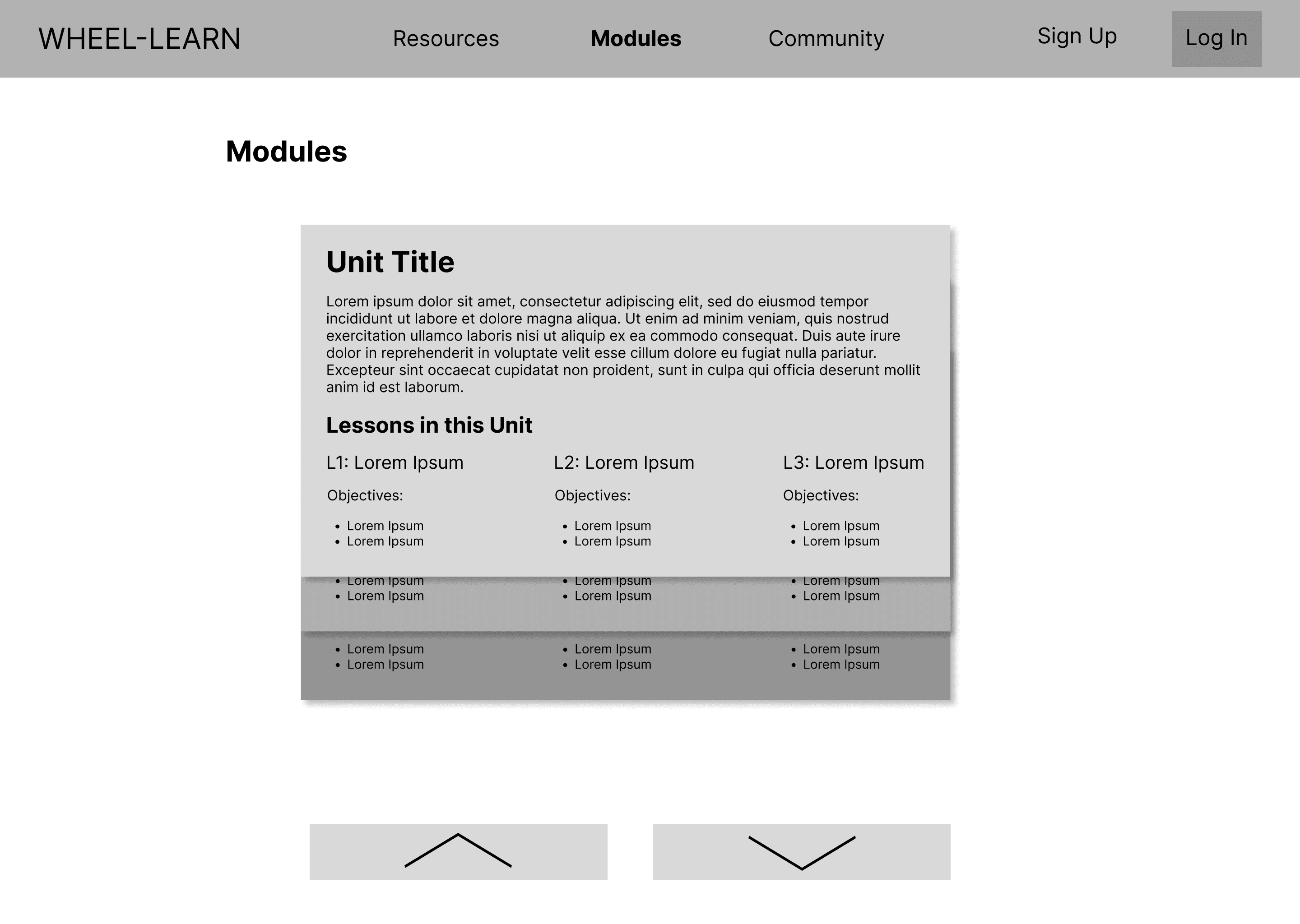 A grey wireframe illustrating a vertical stack of three cards.