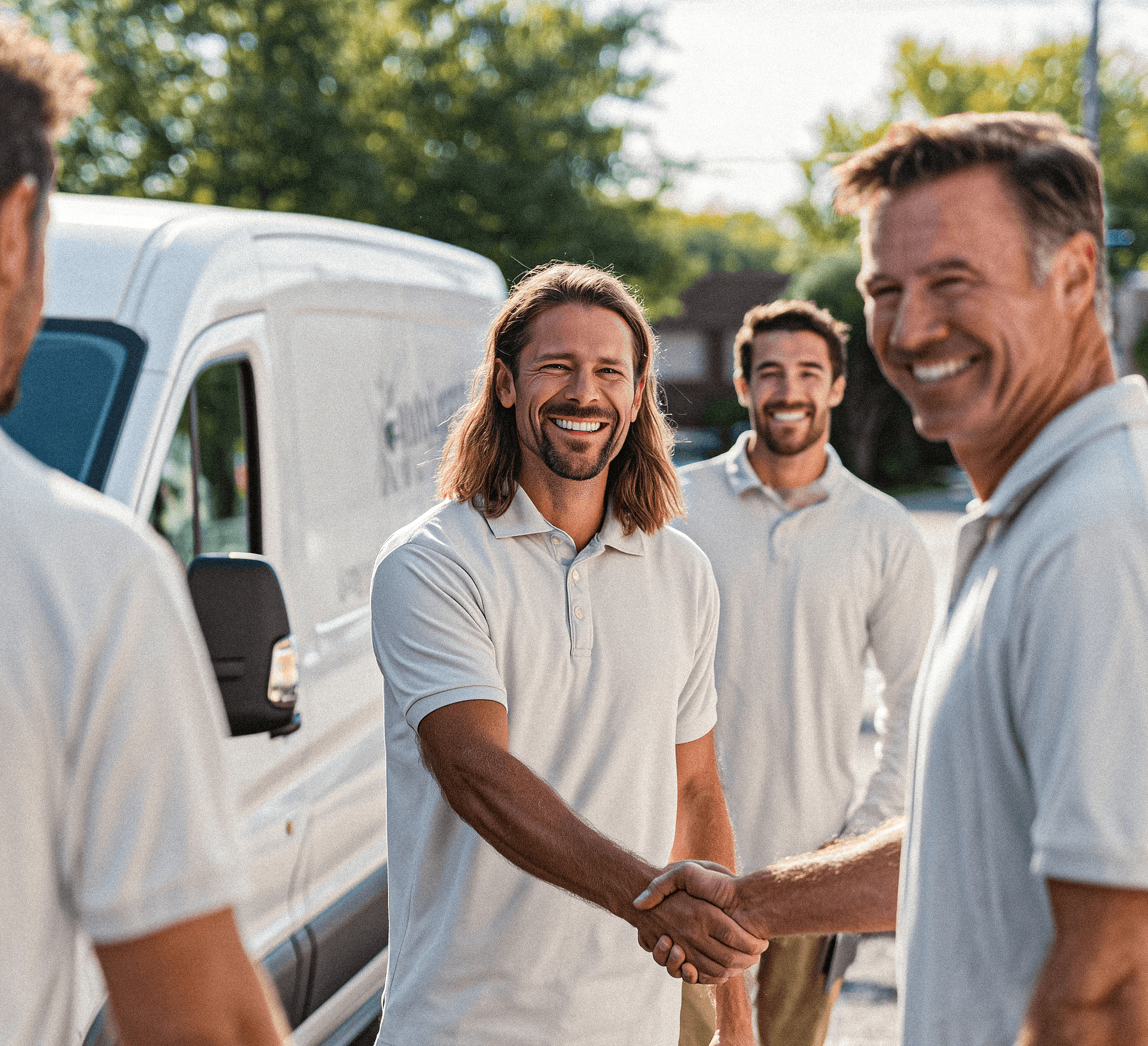 A group of 3 cheerful Locksmith team wearing white polo shirts shake hands with a 4th man (Customer) in front of a white locksmith van on a sunny day, with lush green trees in the background. suggesting a professional locksmith service in Minneapolis.