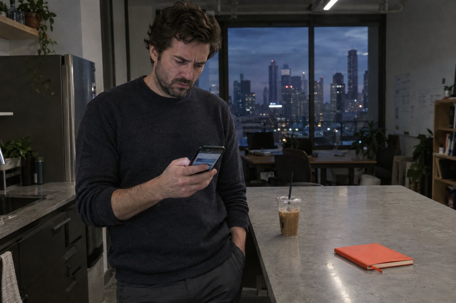 A founder stands at an office counter in the evening, frowning at his own company website on his phone