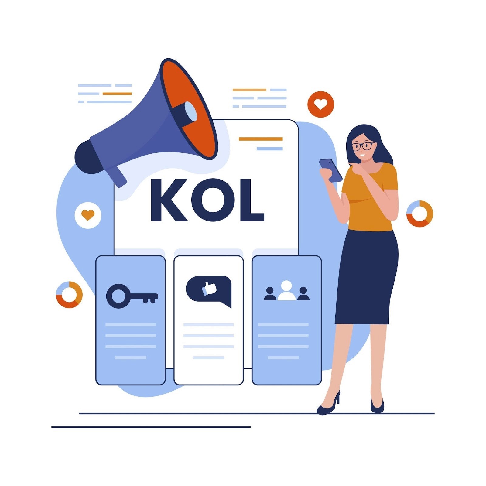 KOL marketing illustration showing a marketer reviewing key opinion leader campaign metrics including engagement, reach, and audience data
