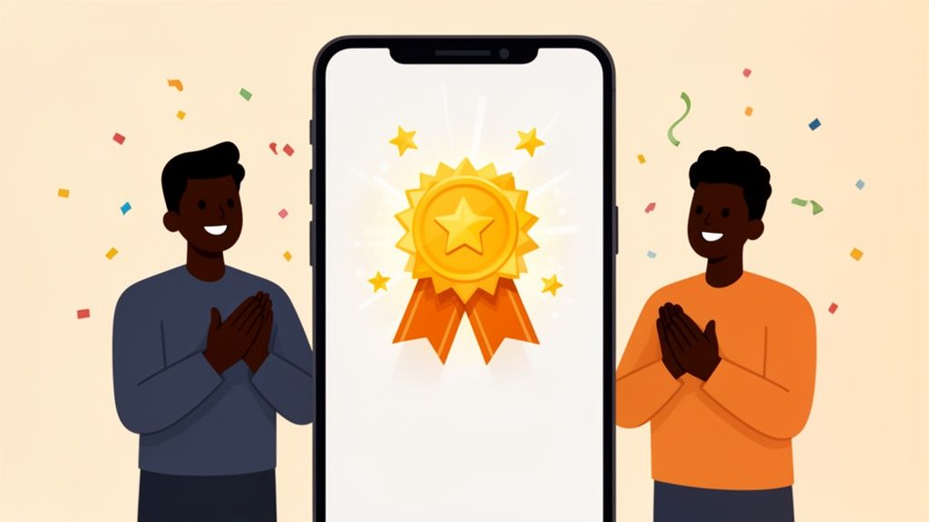 Two smiling individuals celebrate a golden award shown on a smartphone with colorful confetti.