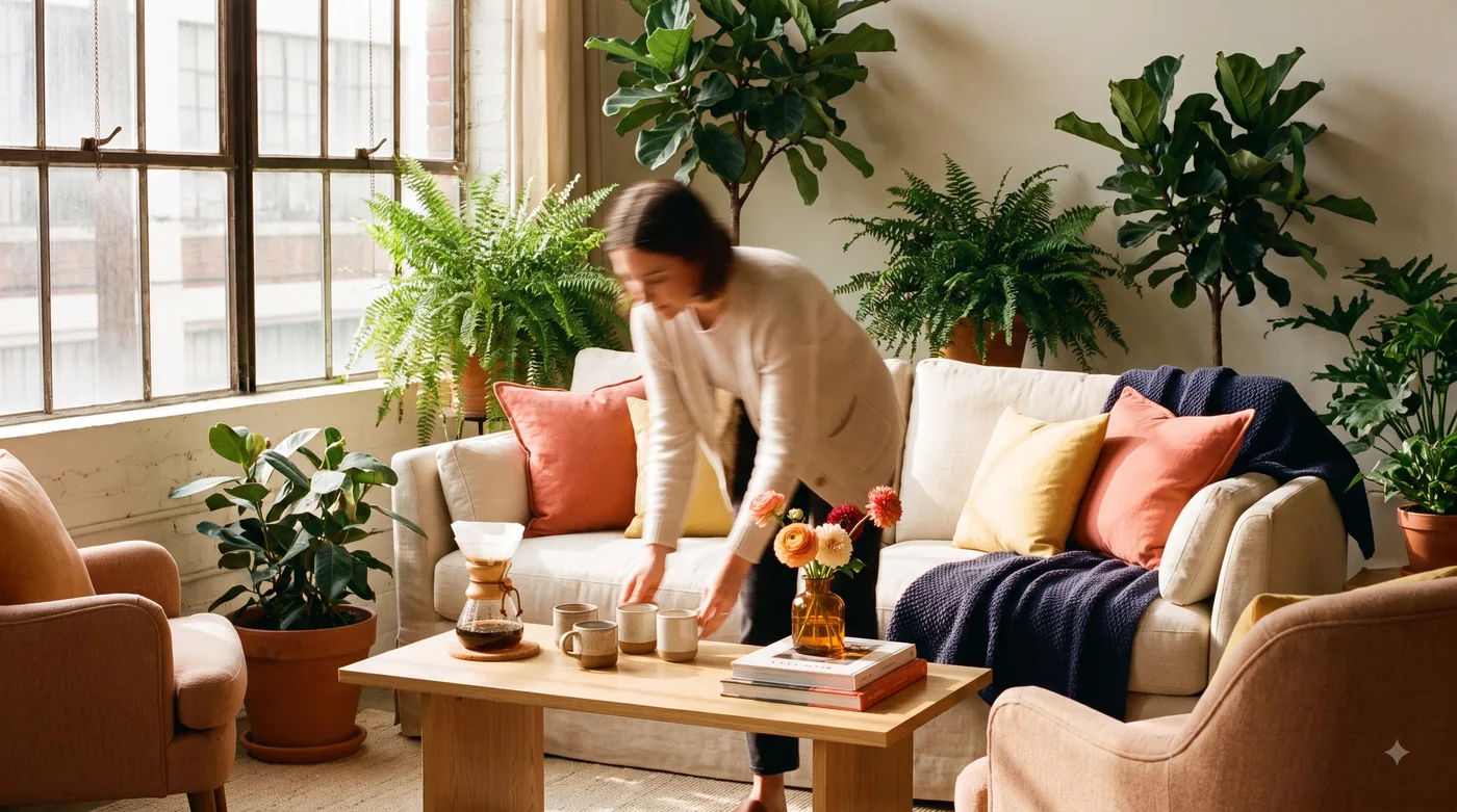 A cleaner tidying a coffee table in a bright living room full of plants