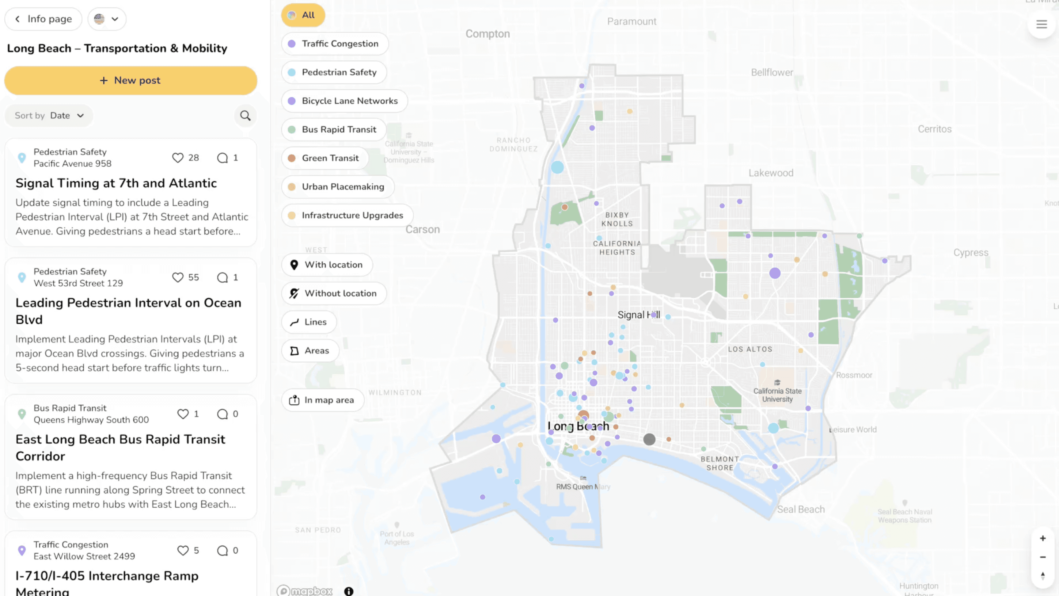 Kartenbasierte Bürgerbeteiligungsplattform mit verorteten Beiträgen zu Mobilitätsthemen in Long Beach, Kalifornien