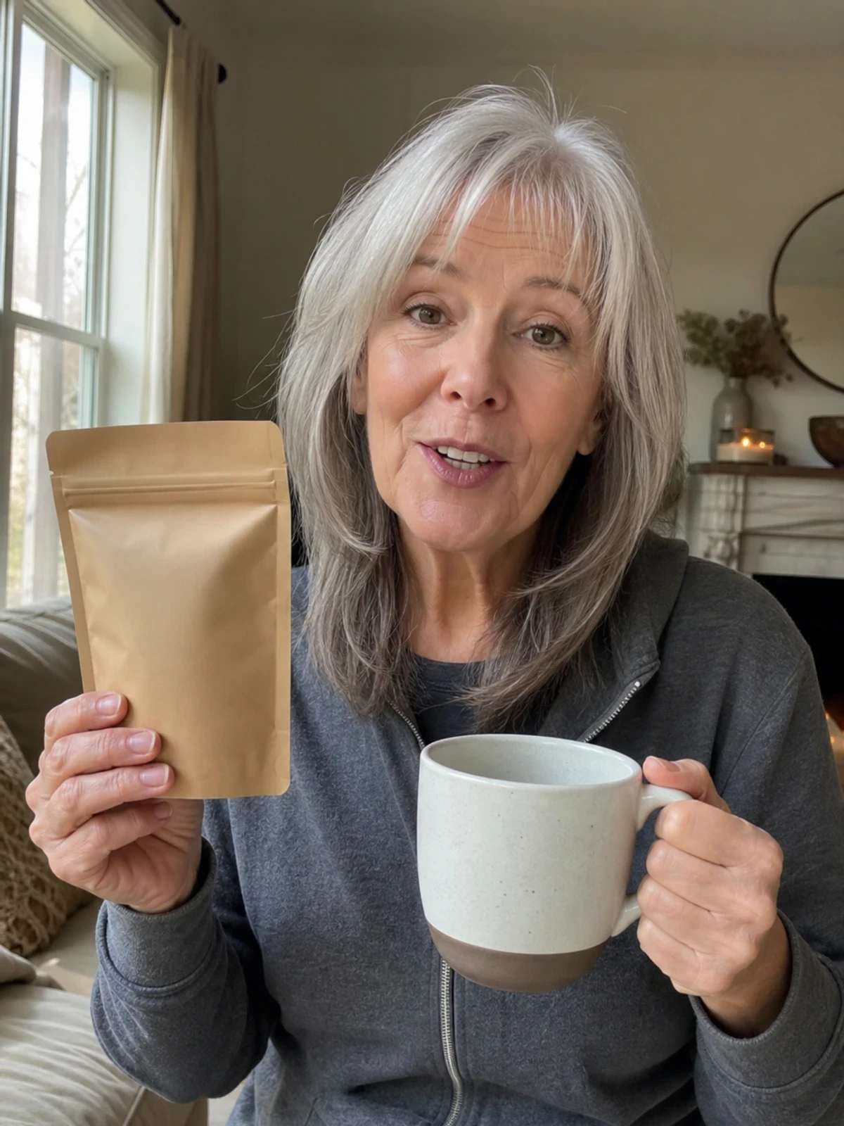 UGC-style photo: older creator in casual clothes, near a window in a living room, showing a coffee pouch and mug while talking to camera, mirror-style vertical shot.