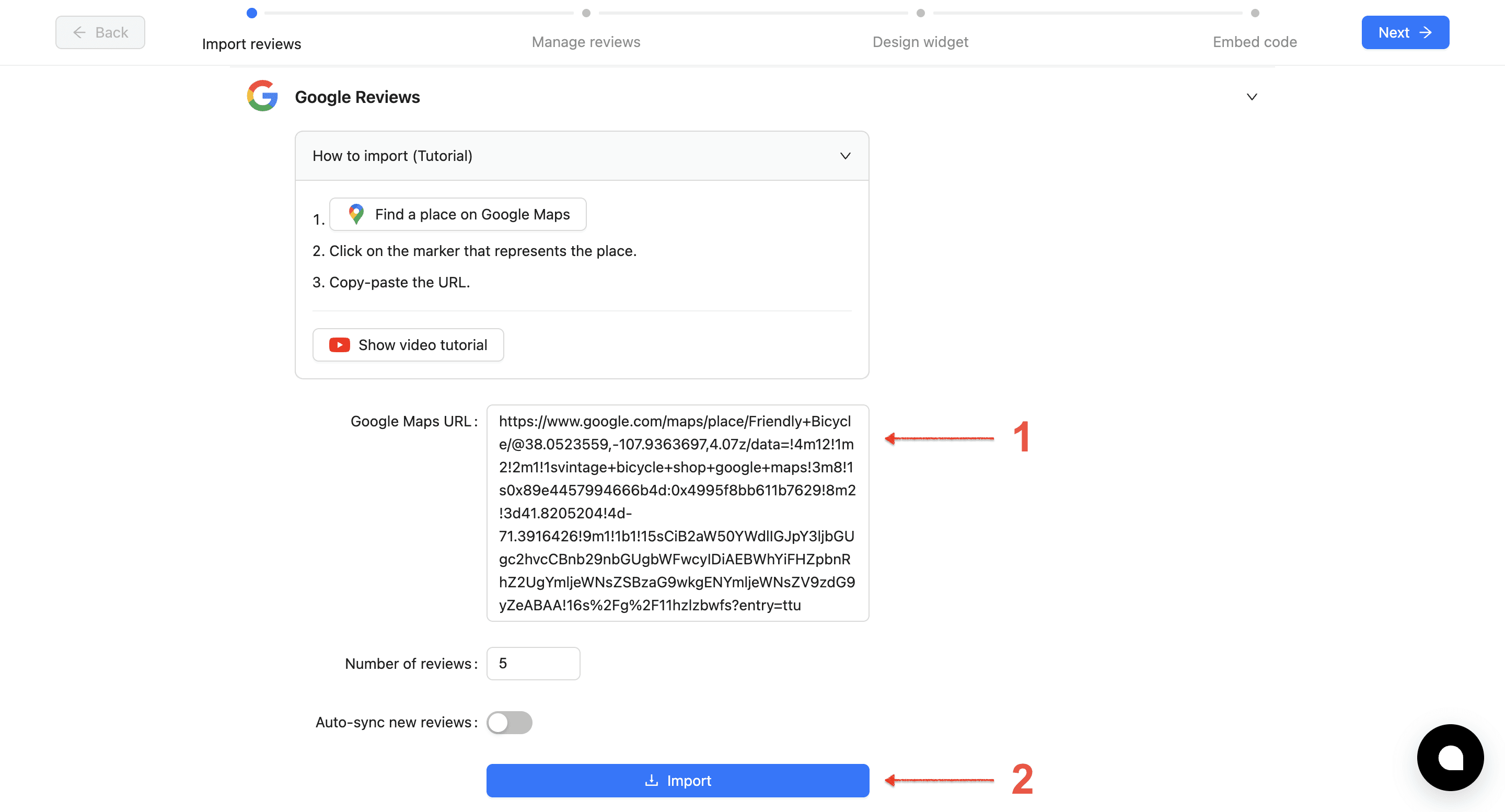 Paste the copied URL to import Google Reviews