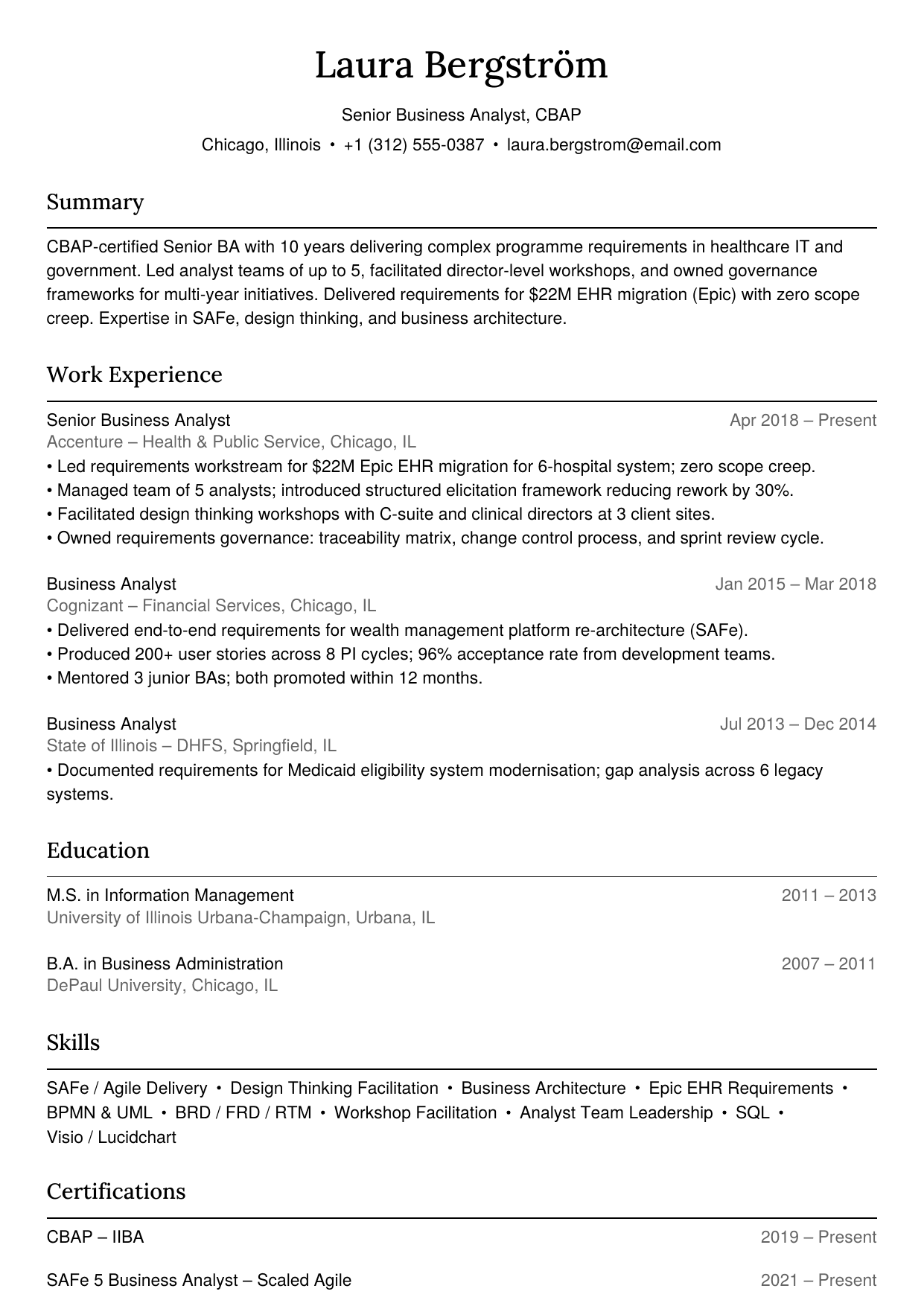 Senior business analyst resume example