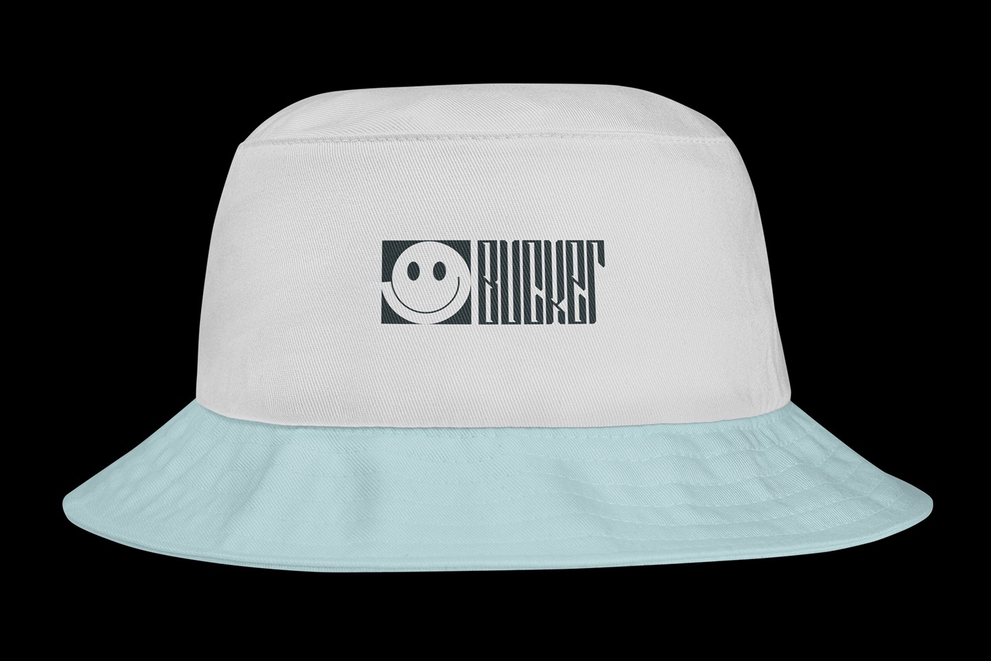 Two-tone bucket hat mockup with a white crown and light blue brim showcasing custom color options
