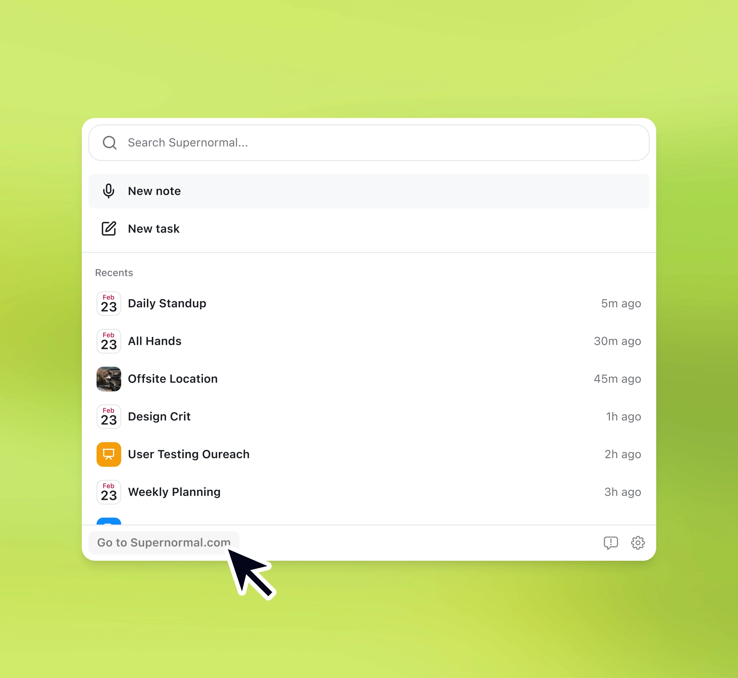Supernormal web app showing personalized post-meeting suggestions after clicking the Desktop App button to open your meeting in Supernormal, where you can instantly generate follow-up emails, documents, calendar invites, and more.