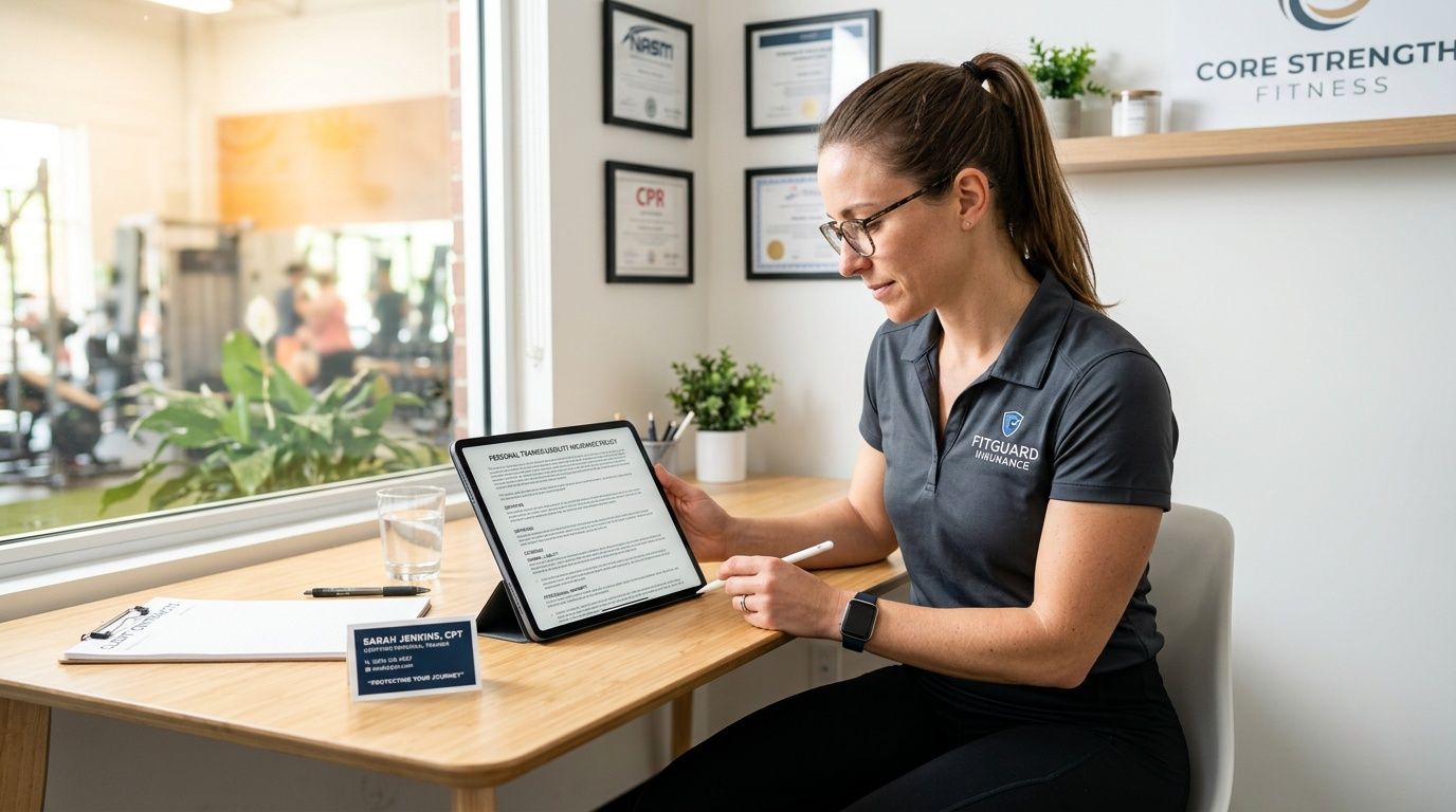 A professional fitness trainer in a gym office reviewing legal contracts on a tablet device.