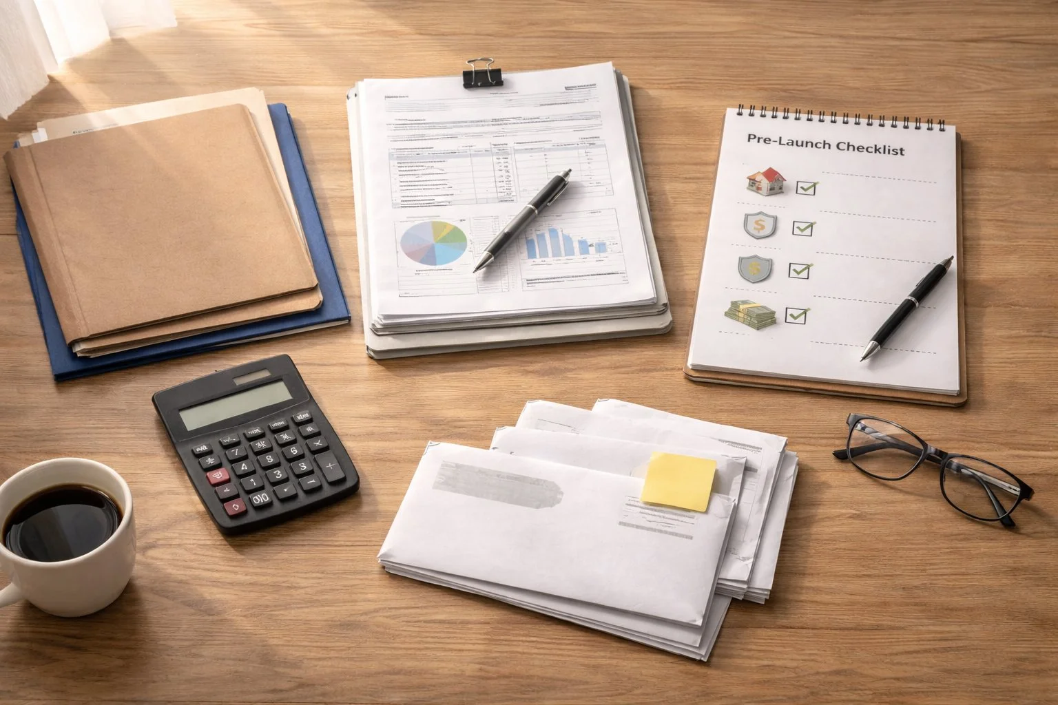 Pre-launch business planning setup with a clean desk, unopened folders, official documents, a calculator, a checklist notebook, and envelopes ready for payment.