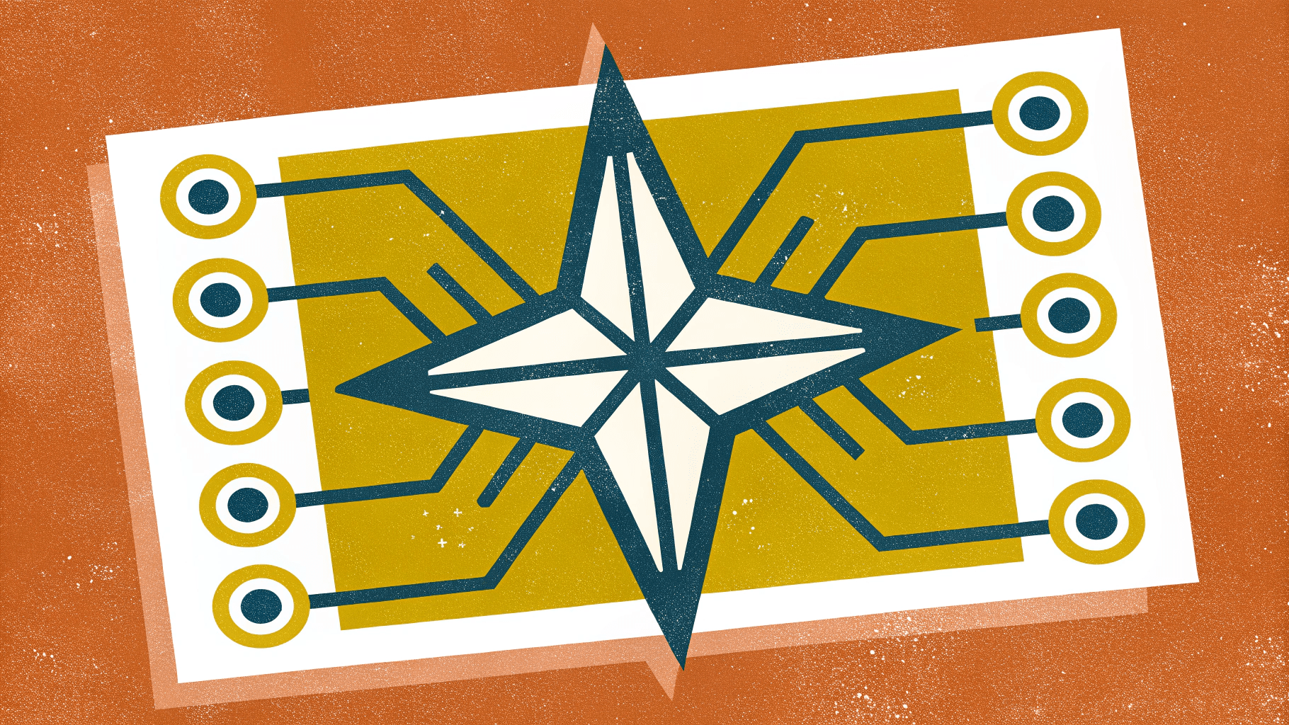 Compass star wired to circuitry on a mustard background, representing your AI setup blueprint