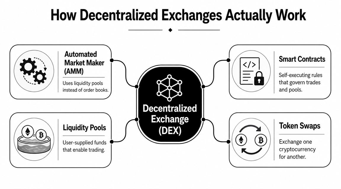 A diagram explaining how decentralized exchanges work using AMM, liquidity pools, smart contracts, and token swaps.